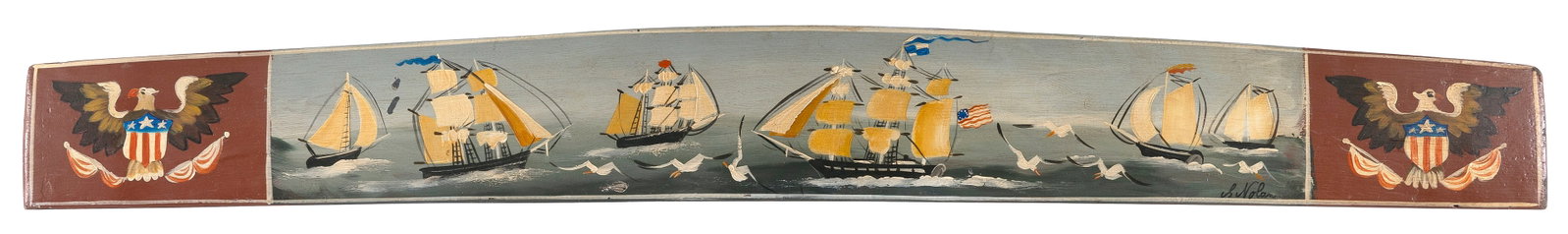 SALLY ELIZABETH NOLAN (Massachusetts, 1944-2023), Barrel stave with painted decoration of a seascape (1 of 2)
