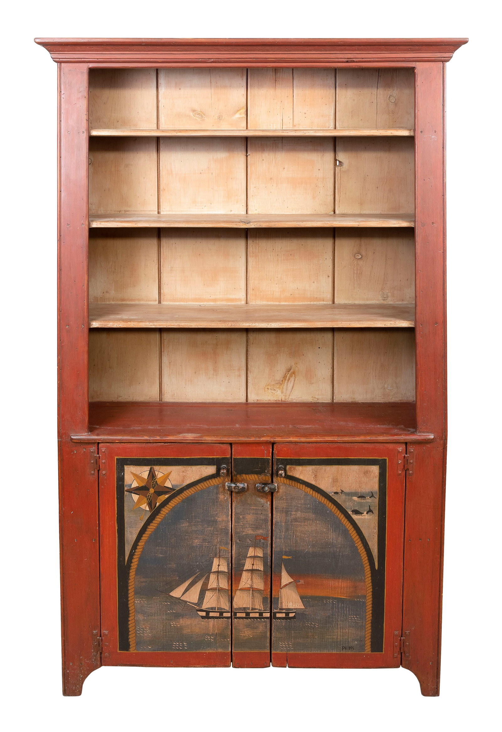 PHIPPS & WYNNE PAINT-DECORATED PINE STEP-BACK CUPBOARD Massachusetts, 20th Century Height 75". Width (1 of 4)