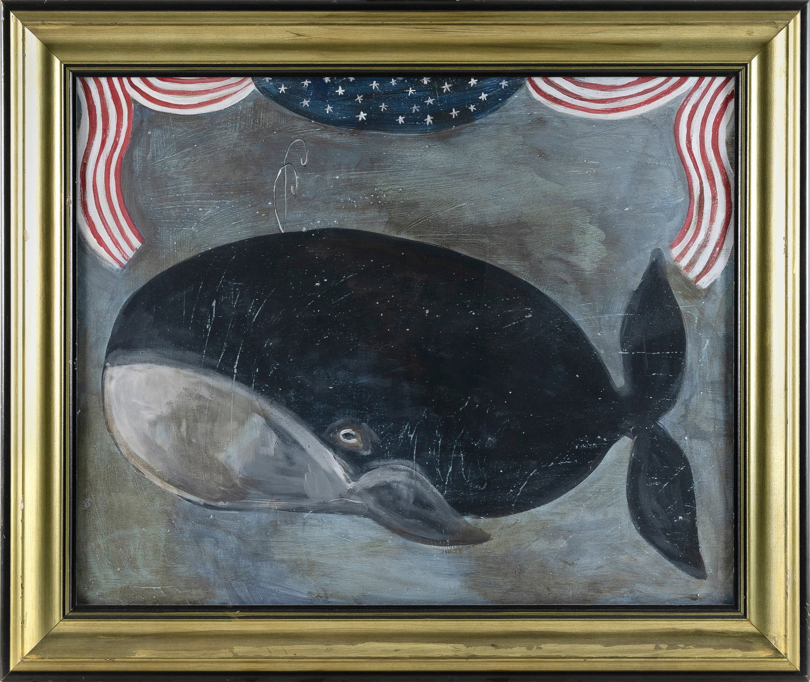 MELINDA KIRKPATRICK (Massachusetts, Contemporary), Folk art scene of a whale and American flag (1 of 2)