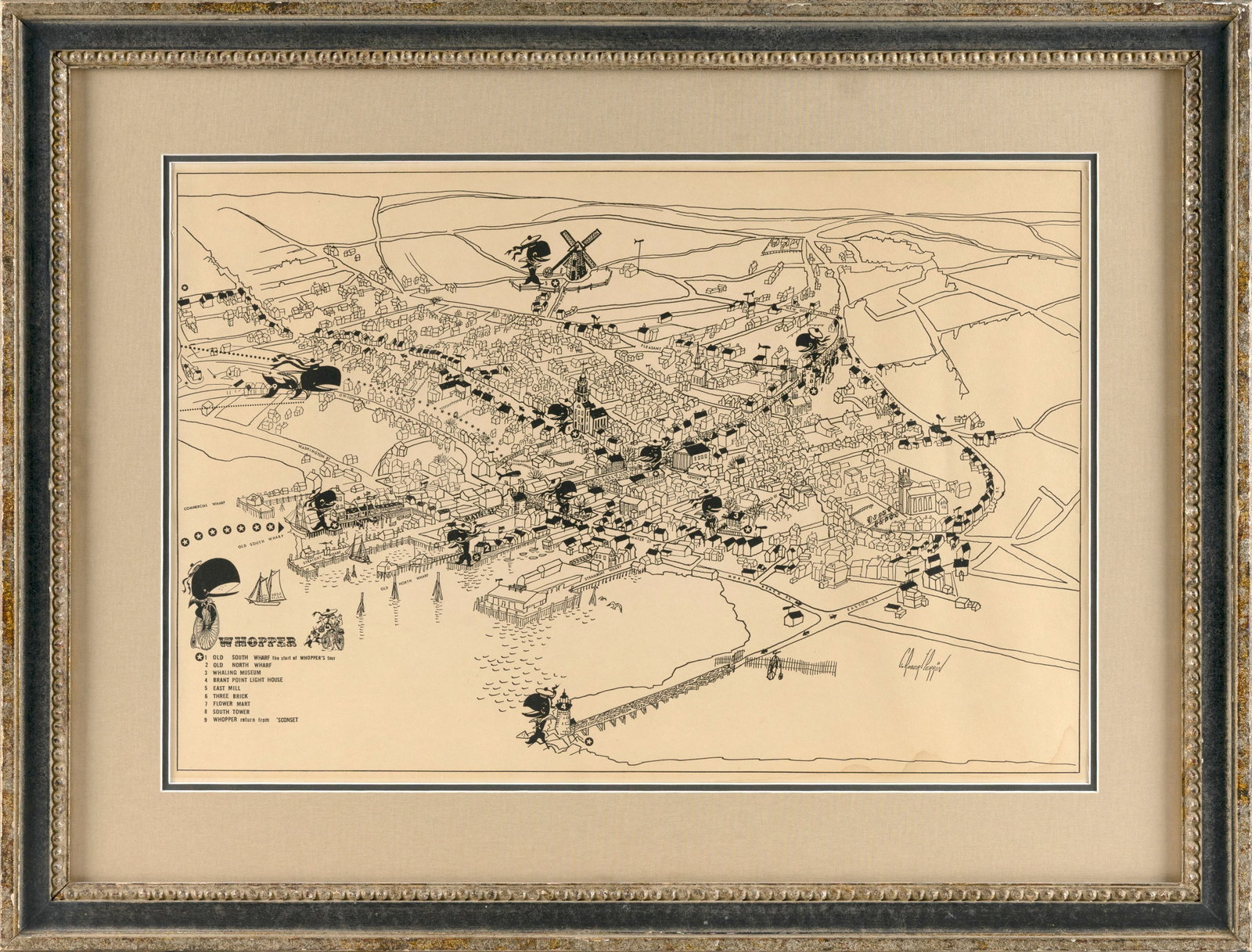 C. ROBERT PERRIN (Massachusetts, 1915-1999), Circa 1955 illustrative map of Nantucket featuring (1 of 2)