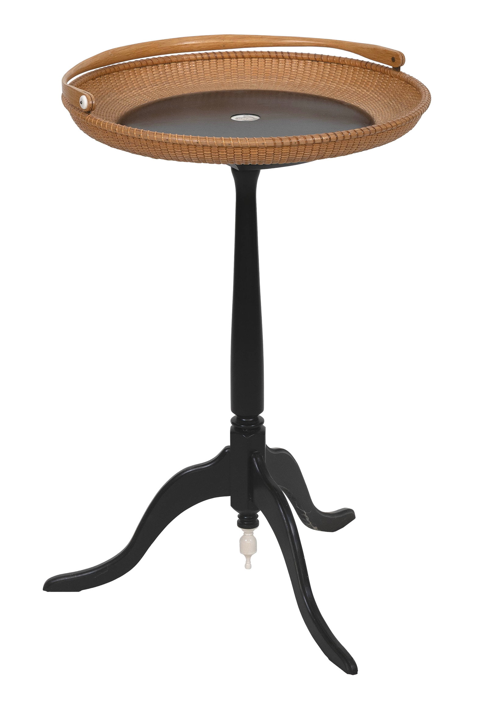 NANTUCKET BASKET TABLE Late 20th Century Height exclusive of handle 27.5". Diameter 18.5". (1 of 5)