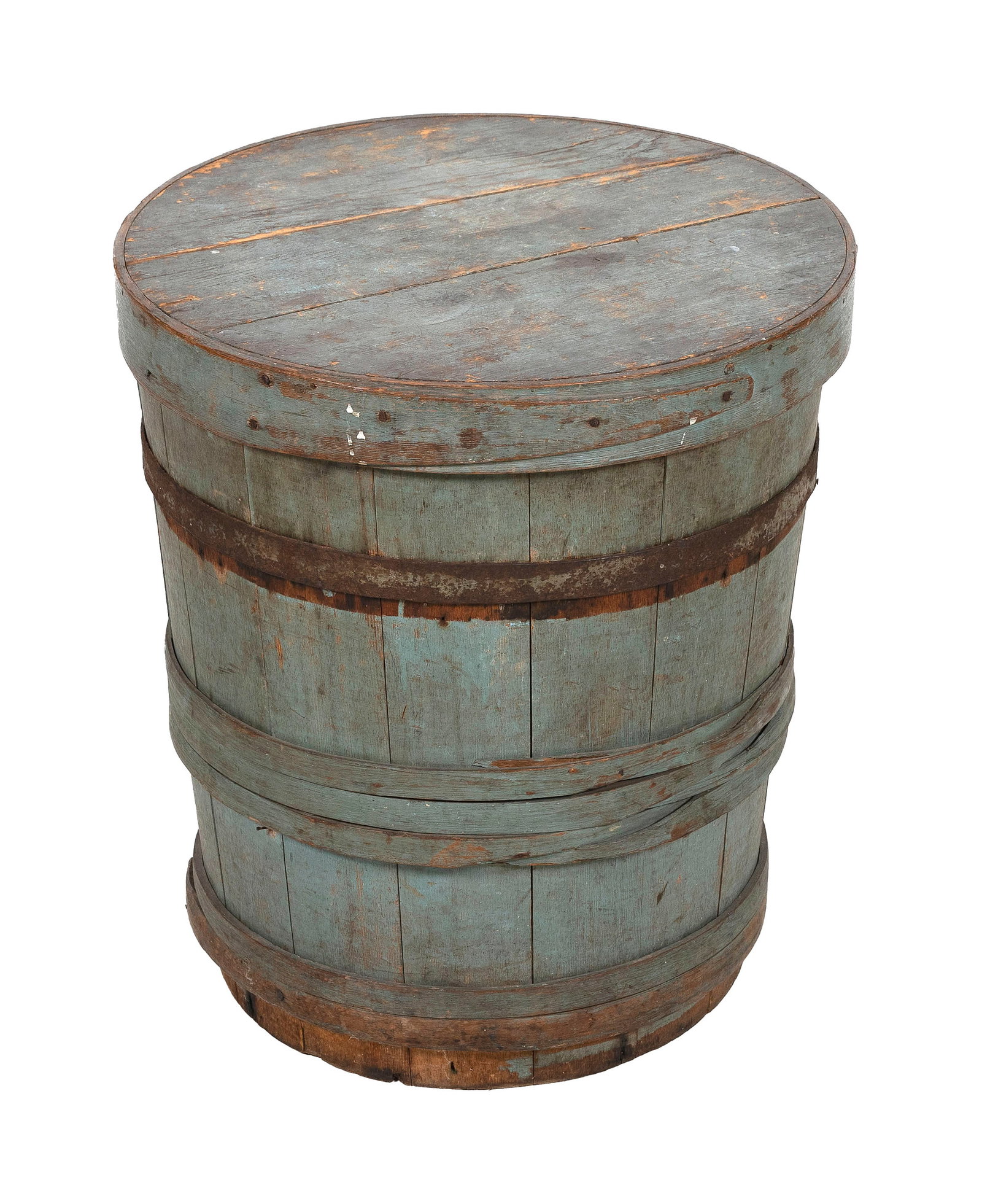 COVERED STORAGE VESSEL Mid-19th Century Height 20.25". Diameter 18.25".: COVERED STORAGE VESSEL Mid-19th Century Under old blue paint. Wood and iron straps. Interior of lid stamped "S. Mitchell". Height 20.25". Diameter 18.25". Provenance: The Estate of Paul and Diane Madd