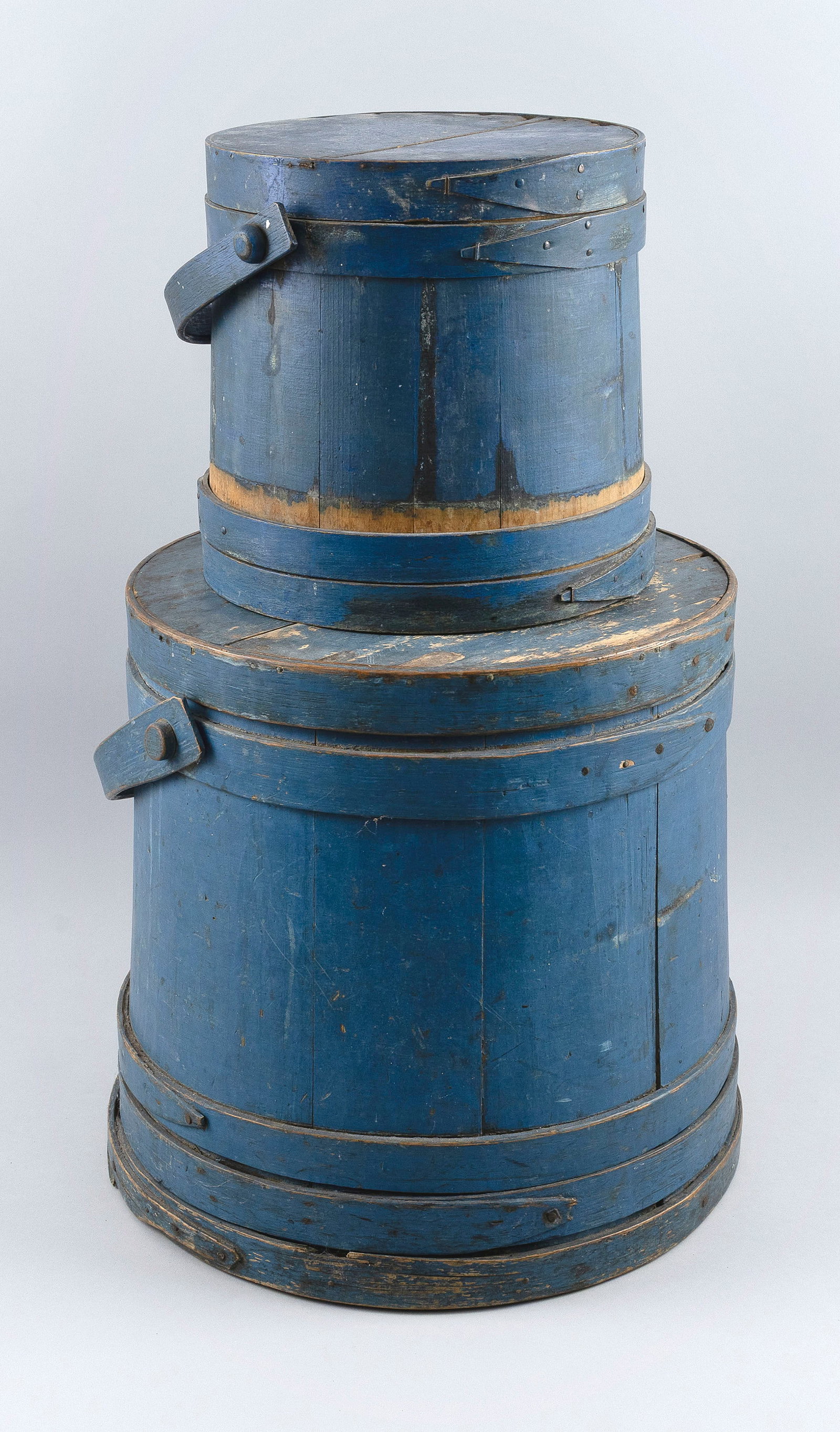 TWO LIDDED FIRKINS 19th Century Heights to lid 9.75" and 15". Diameters 10" and 14". (1 of 6)
