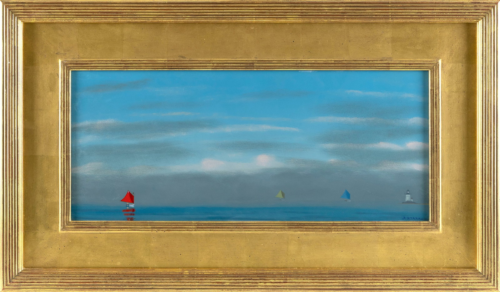 ROBERT STARK, JR. (Massachusetts, 1933-2014), Red sail., Oil on panel, 11" x 26". Framed 20.5" x (1 of 2)