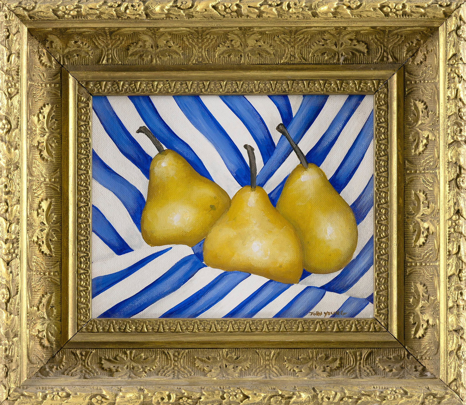 JOHN YOUNG (America, Contemporary), Still life of pears on a striped cloth., Oil on canvas board, 8" (1 of 2)