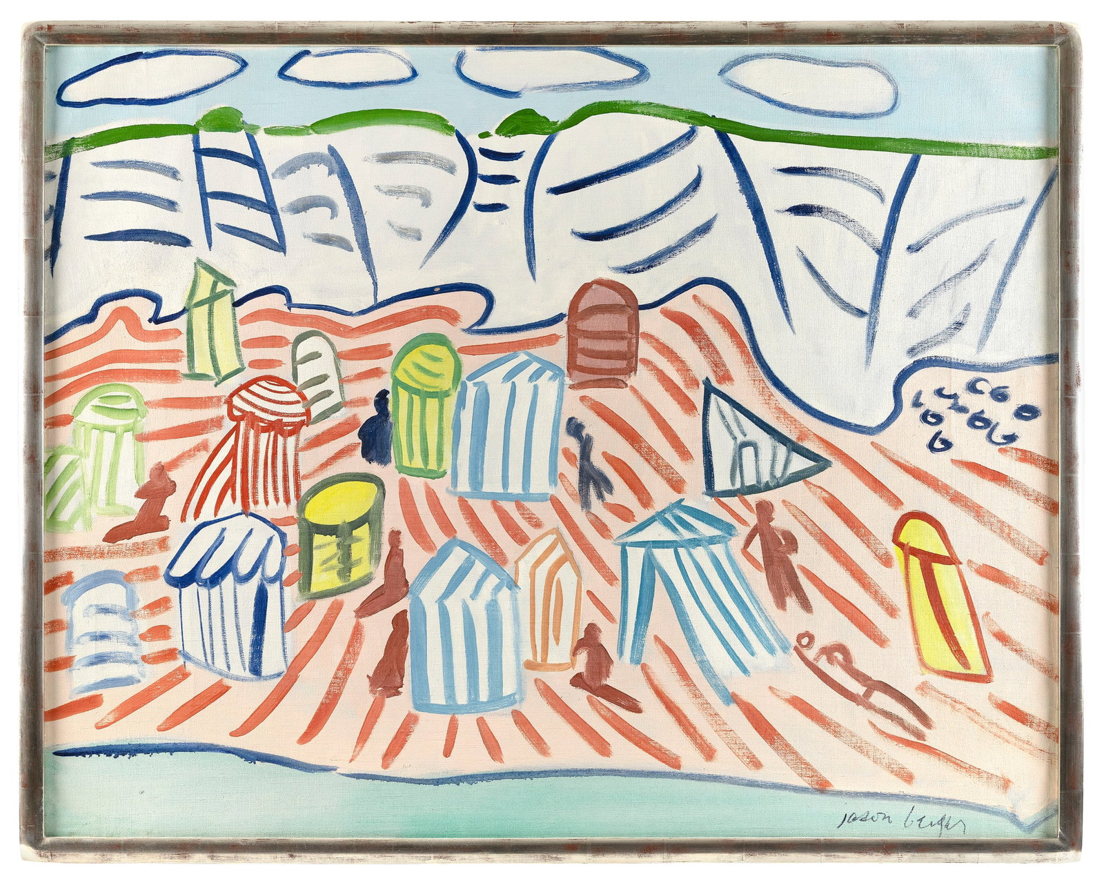 JASON BERGER (Massachusetts, 1924-2010), Beach scene with figures and umbrellas., Oil on canvas, 33" (1 of 2)