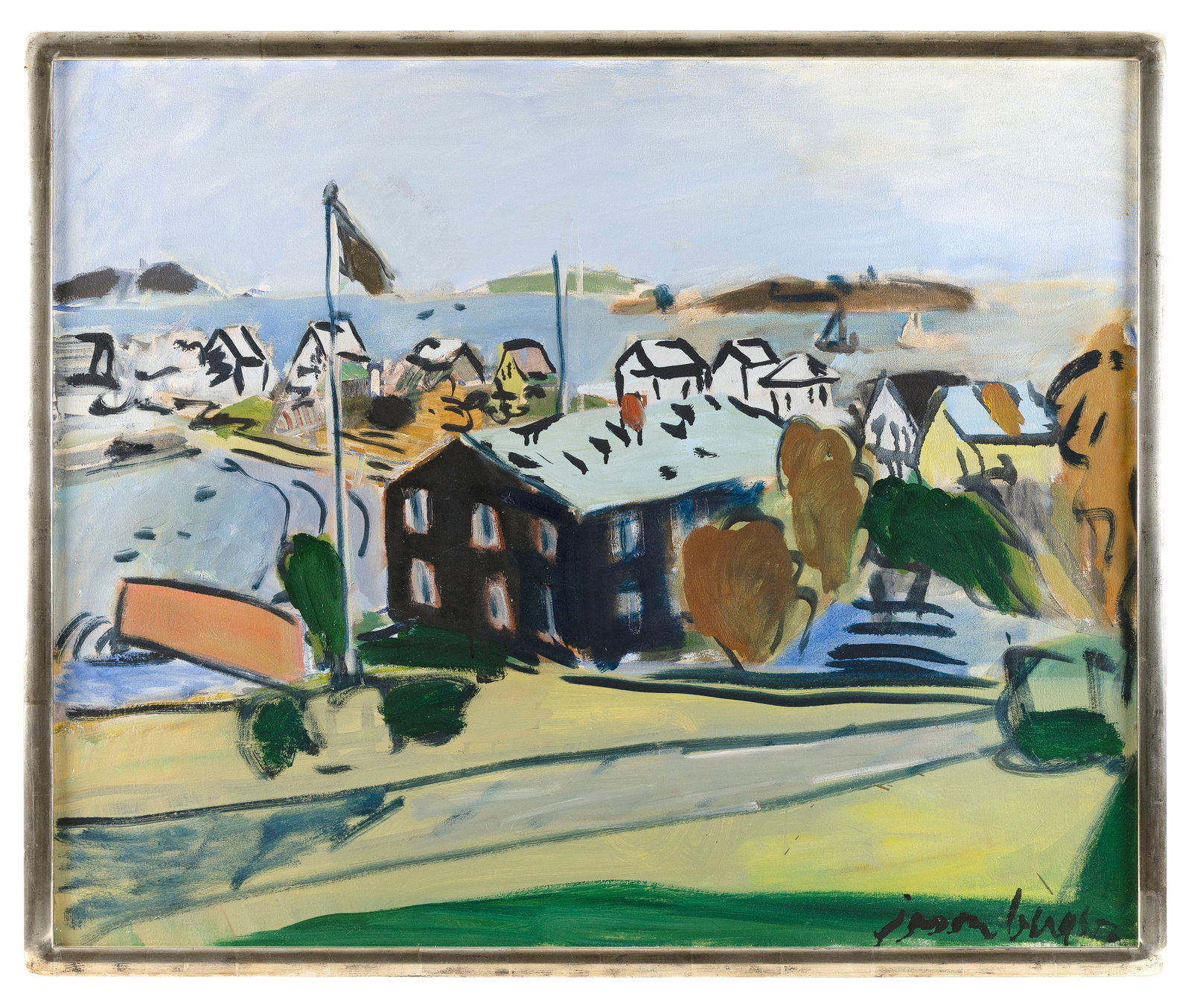 JASON BERGER (Massachusetts, 1924-2010), Coastal town., Oil on canvas, 32" x 39". Framed 33" x 40". (1 of 2)