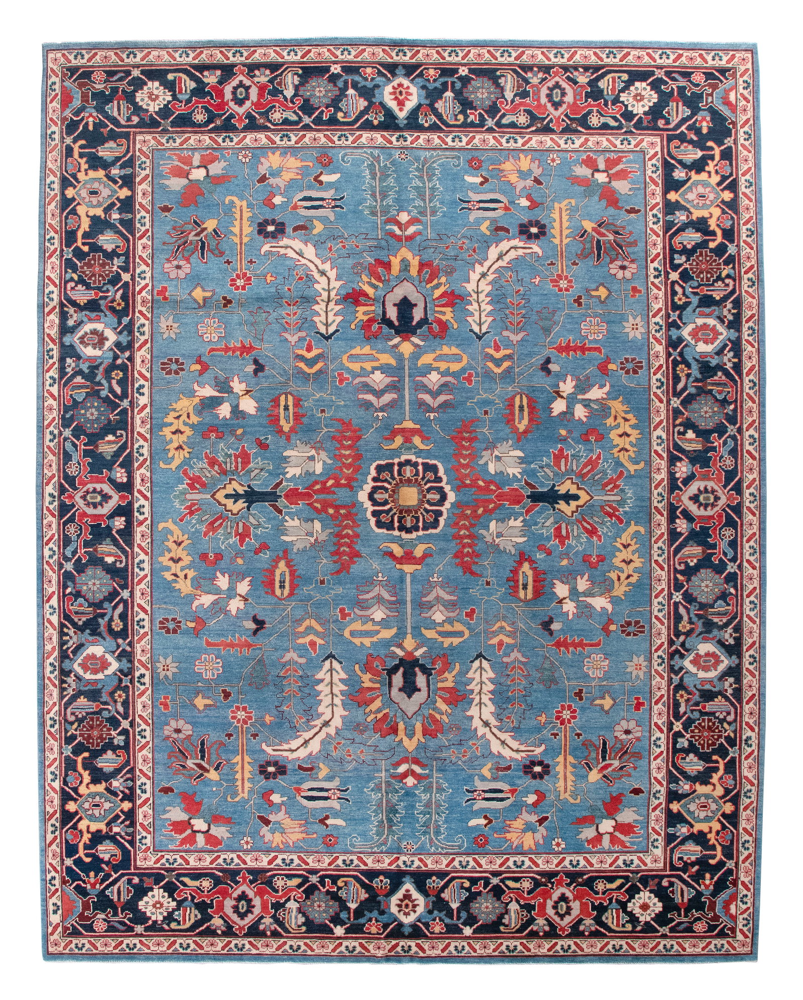 SERAPI DESIGN RUG: 9'2" X 11'8" 21st Century: SERAPI DESIGN RUG: 9'2" X 11'8" 21st Century Sky blue field contains a small navy blue and bright ivory floral medallion, bright red stylized leaves, and colorful serrated leaves and blossoms. Ivory a