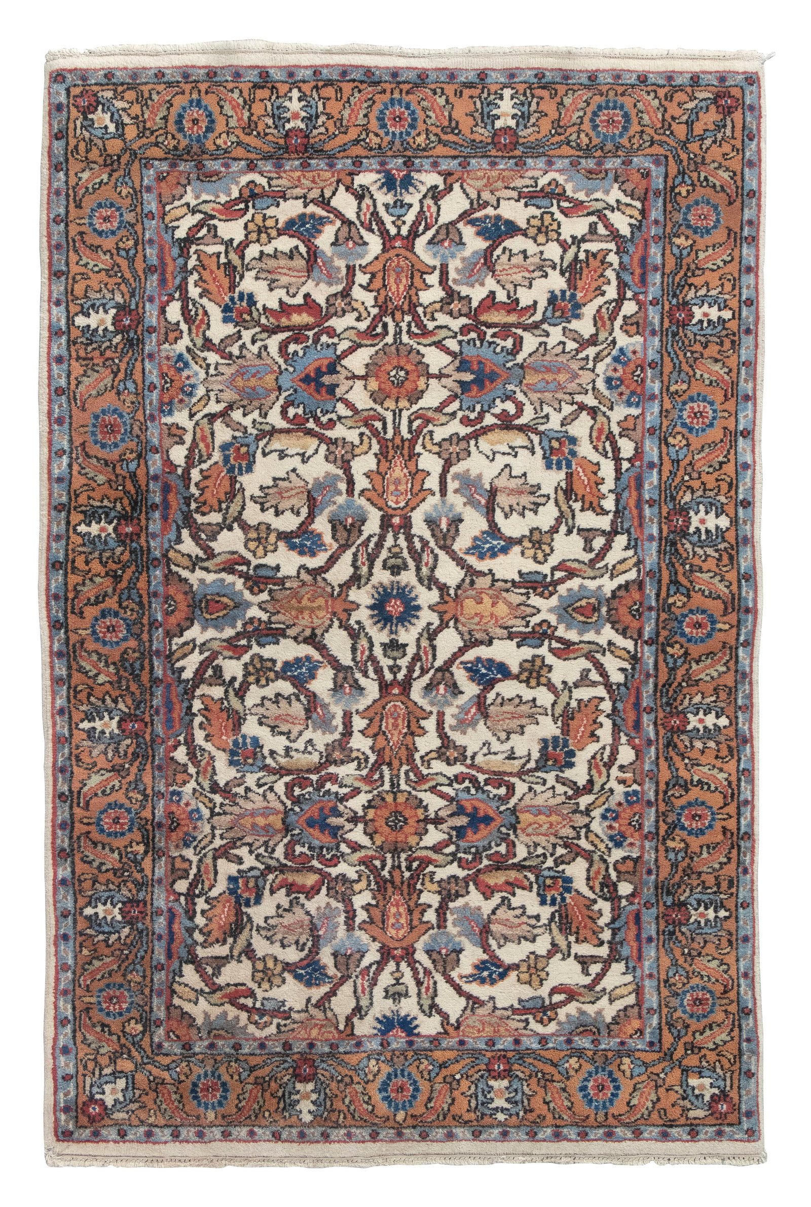 SULTANABAD DESIGN RUG: 4'0" X 6'0" Late 20th Century: SULTANABAD DESIGN RUG: 4'0" X 6'0" Late 20th Century Ivory field with gracefully scrolling dark red vines bearing elegant rust red, salmon red, khaki, blue and faded gold blossoms and leaves. Light bl
