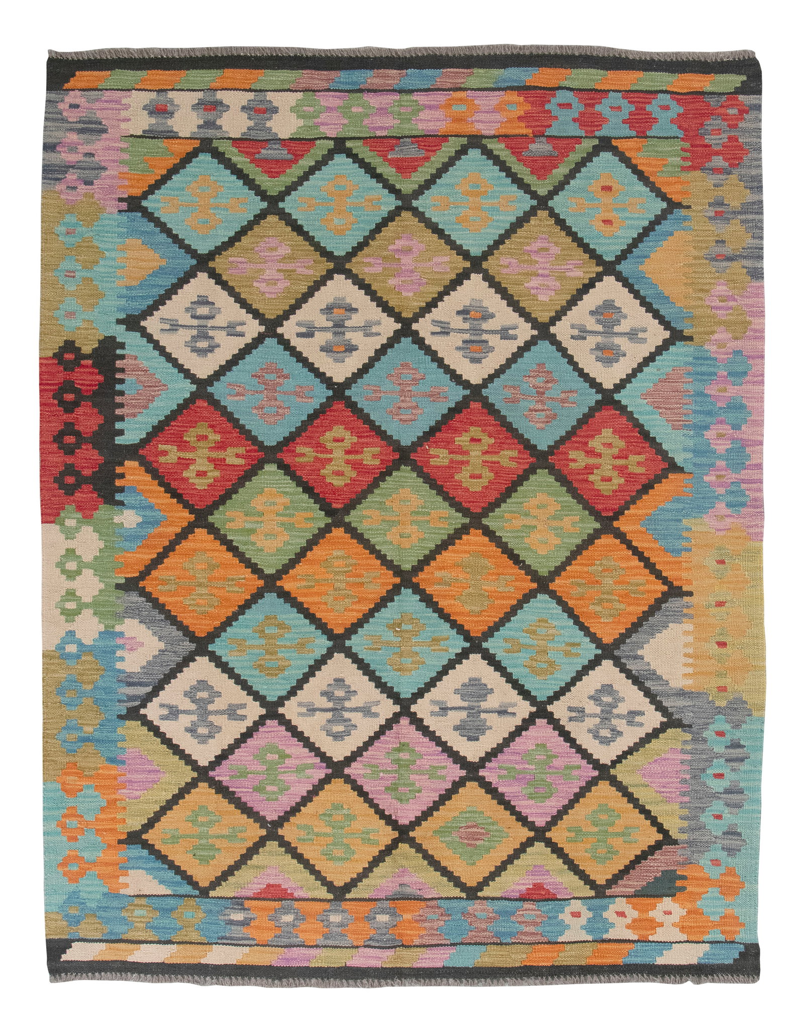 KILIM RUG: 5'1" X 6'5" 21st Century: KILIM RUG: 5'1" X 6'5" 21st Century Field composed of a lattice of dark charcoal gray, aquamarine, rich red, bright orange, mellow gold, ivory and lavender diamonds. Single border with a reciprocal sp