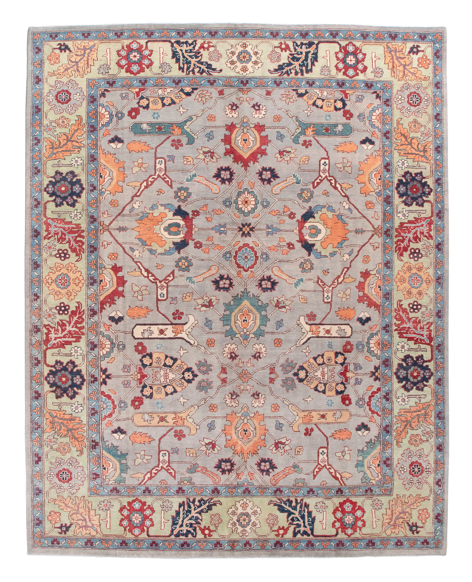 SULTANABAD DESIGN RUG: 7'10" X 10'0" 21st Century: SULTANABAD DESIGN RUG: 7'10" X 10'0" 21st Century Warm gray field with a traditional array of delicate garrus vines and bold blossoms in red, ivory, blue, dark aquamarine and yellow. Marine blue guard