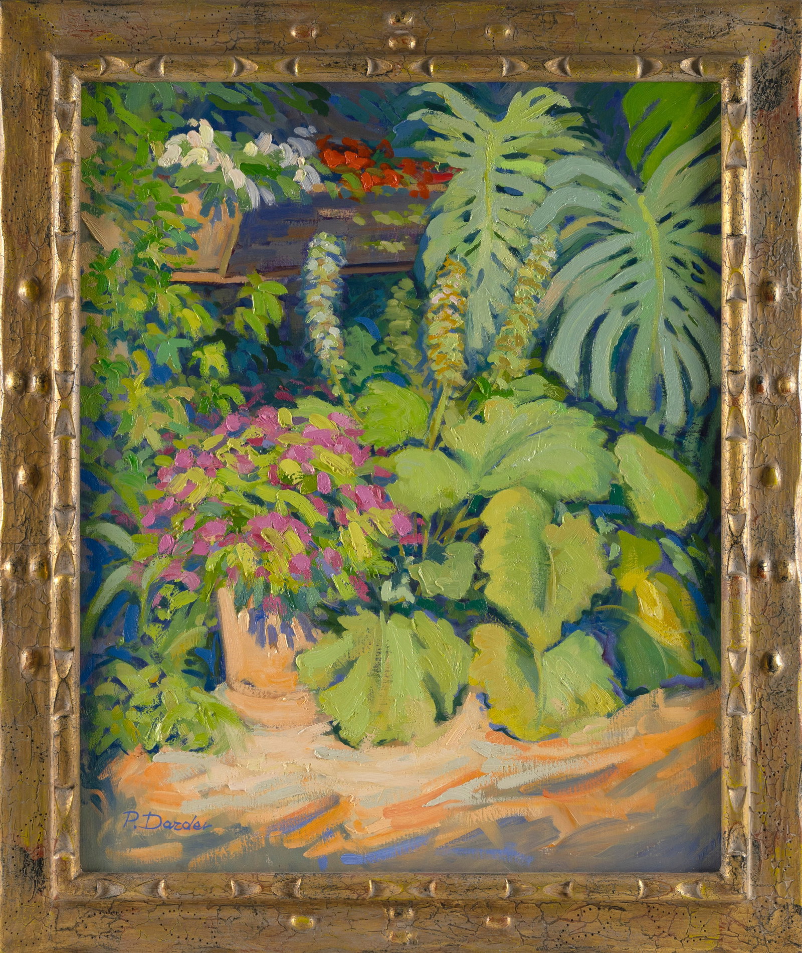 AMERICAN SCHOOL (20th Century,), Lush garden., Oil on canvas, 28" x 23". Framed 34" x 29". (1 of 2)