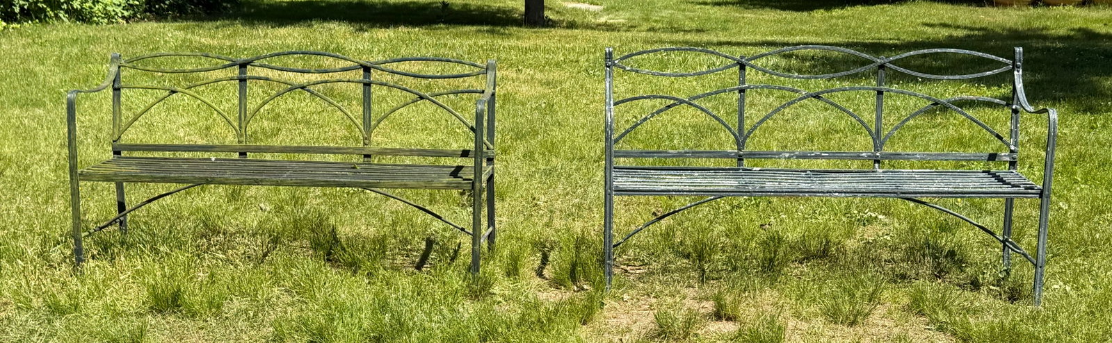 TWO WROUGHT IRON GARDEN BENCHES 20th Century Heights 34" and 36". Lengths 63" and 65". Depths 17". (1 of 1)