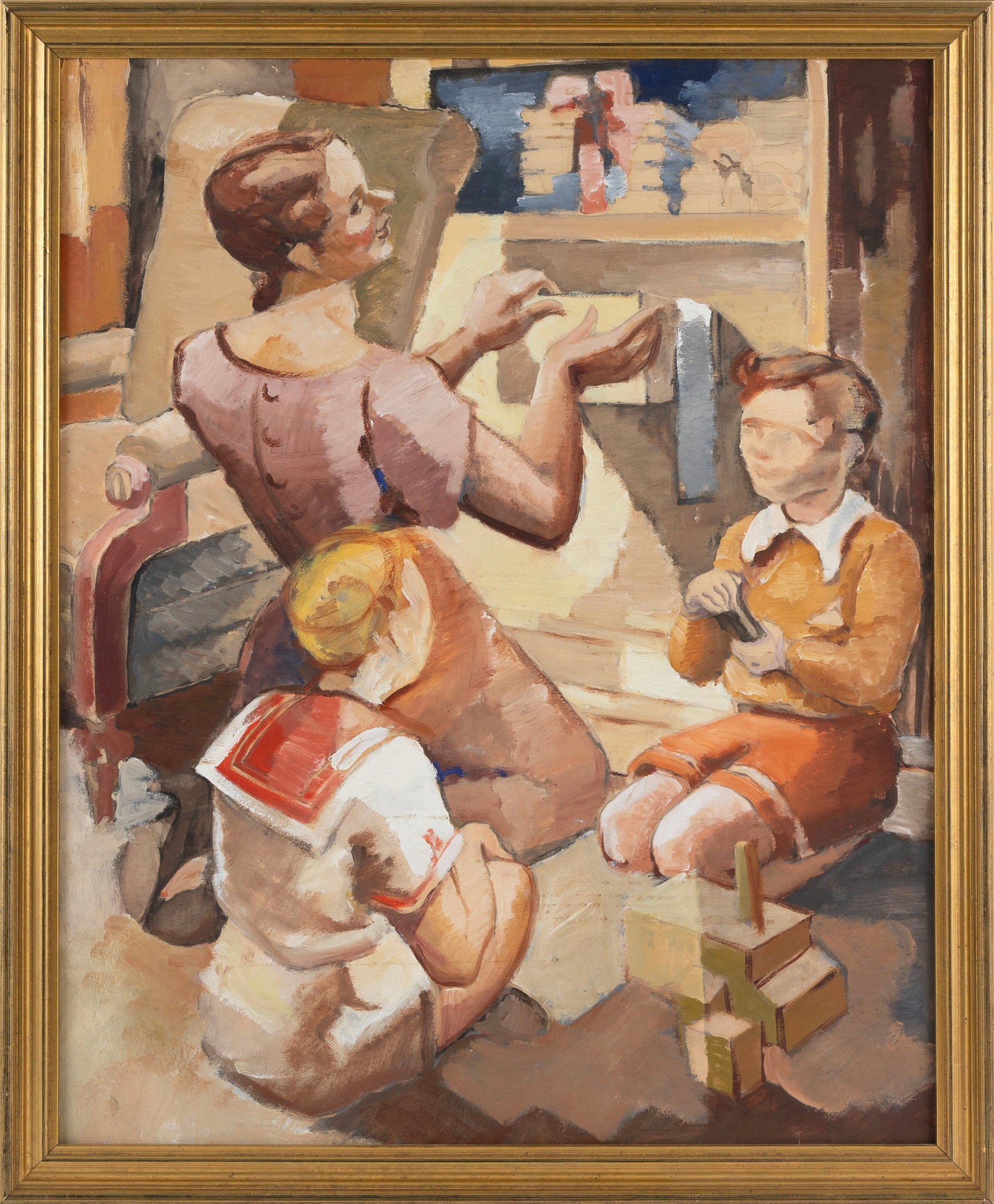 ATTRIBUTED TO WALTER MARTIN (Virginia, 1953-), Mother and children., Oil on board, 23.5" x 18.5". (1 of 2)