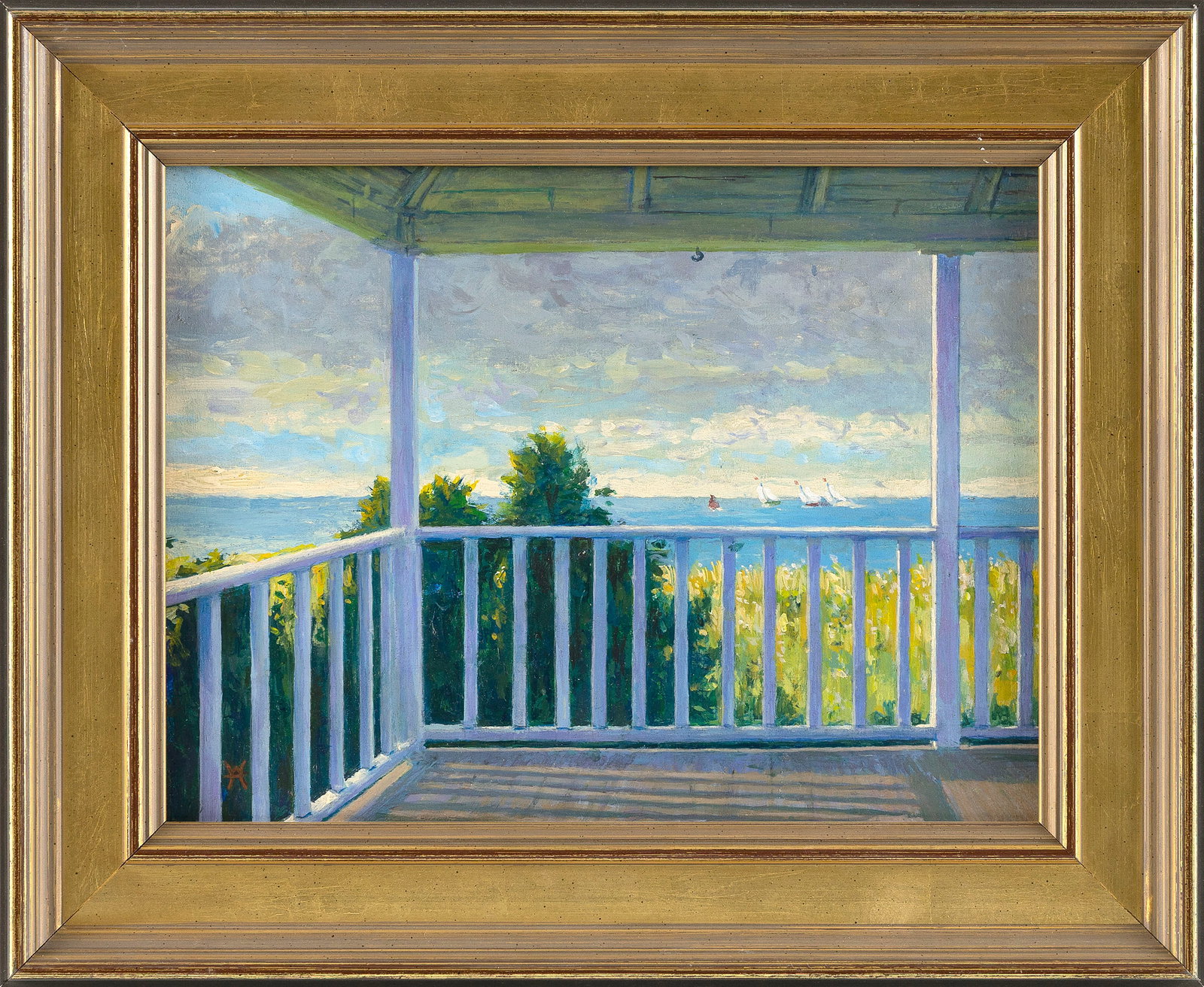 WALLY AMES (Vermont, 1942-), Looking out from the porch., Oil on board, 9" x 12". Framed 12.5" x: WALLY AMES Vermont, 1942- Looking out from the porch. Monogrammed lower left "WA". Signed verso. Oil on board, 9" x 12". Framed 12.5" x 15.5".