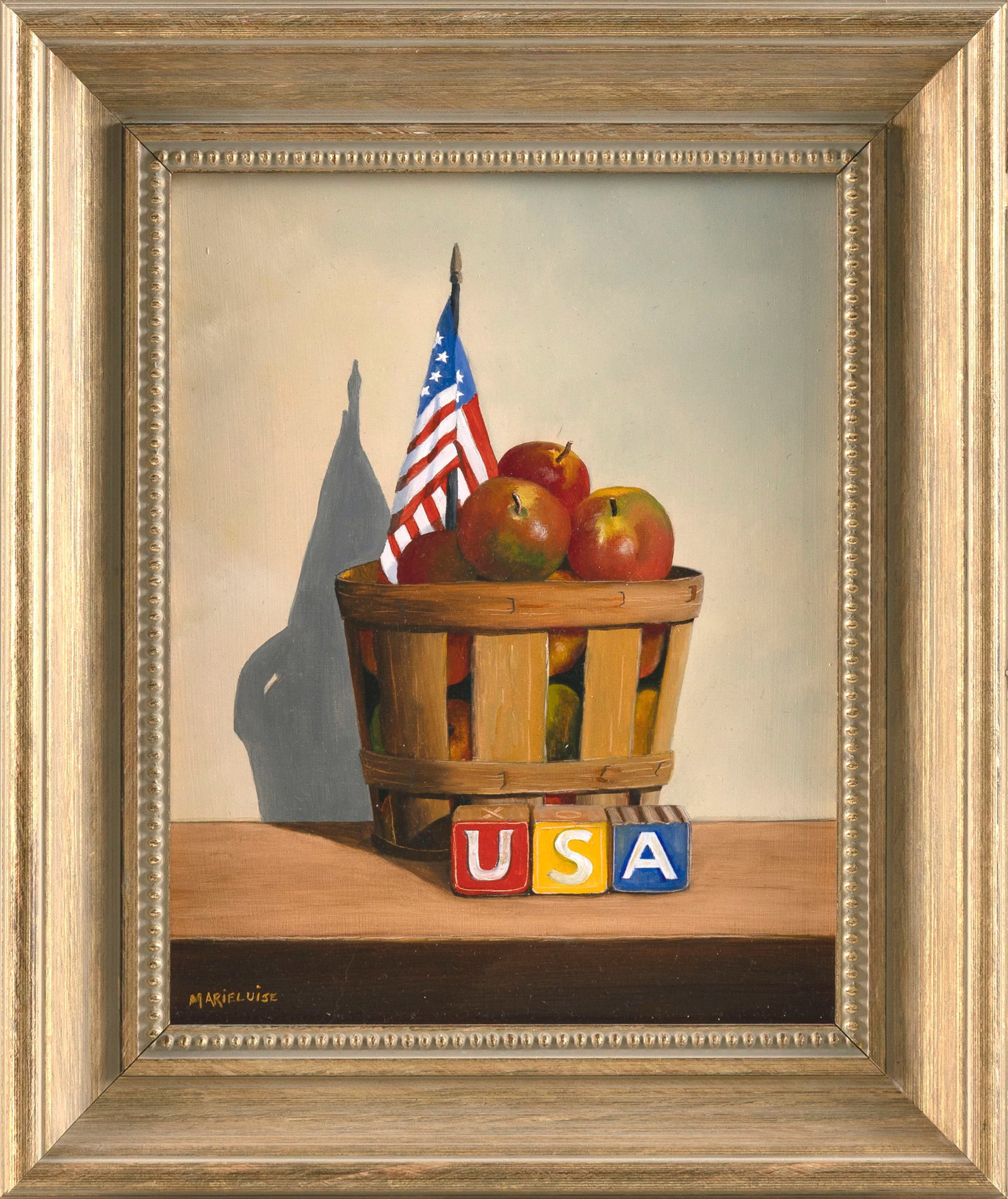 MARIELUISE HUTCHINSON (Massachusetts, 1947-), Patriotic still life., Oil on board, 10" x 8". Framed: MARIELUISE HUTCHINSON Massachusetts, 1947- Patriotic still life. Signed lower left "Marieluise". Oil on board, 10" x 8". Framed 13.5" x 11.5".