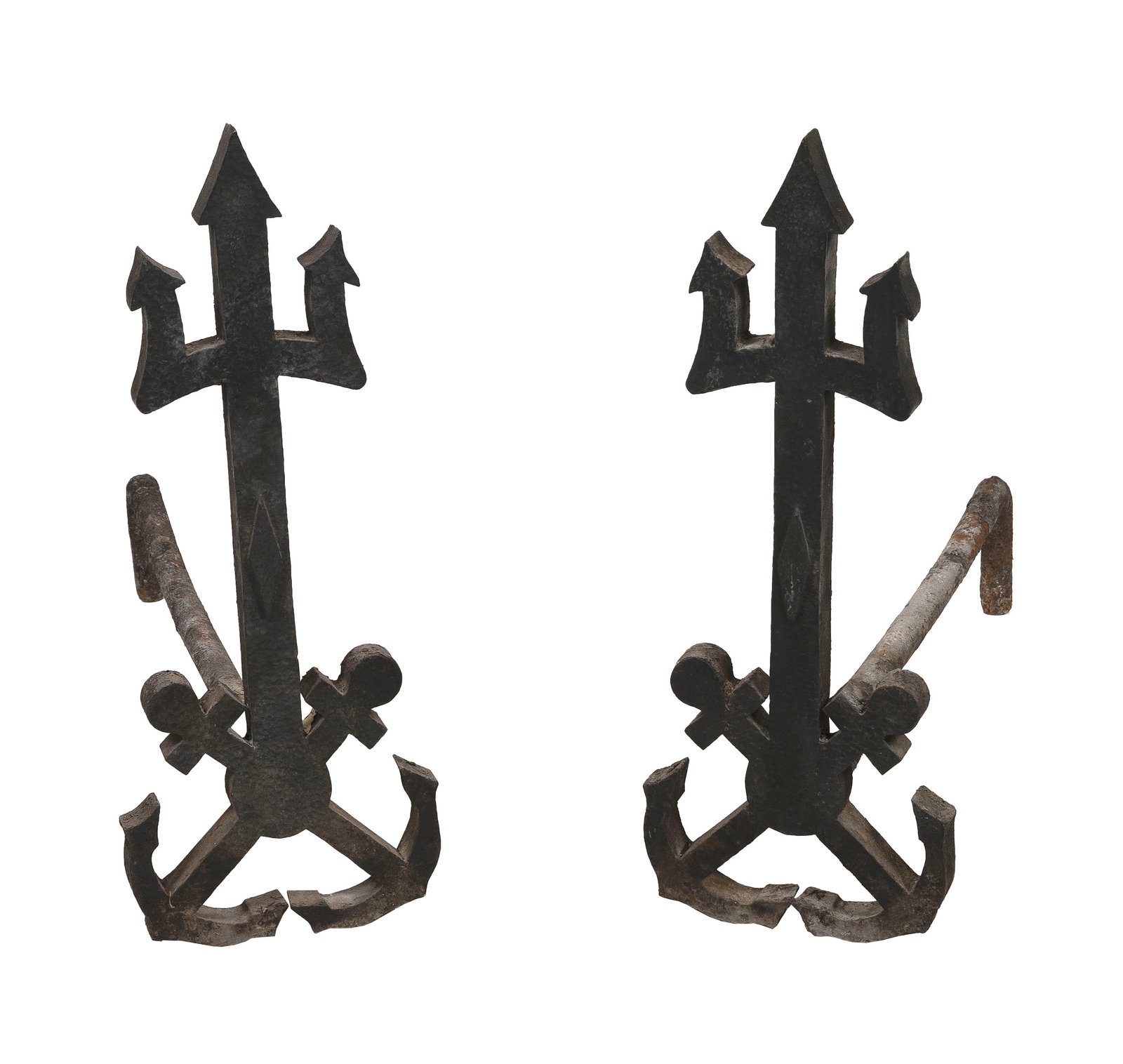 CAST IRON TRIDENT ANDIRONS 20th Century Heights 19.5". Widths 8". Depths 19.5". (1 of 1)