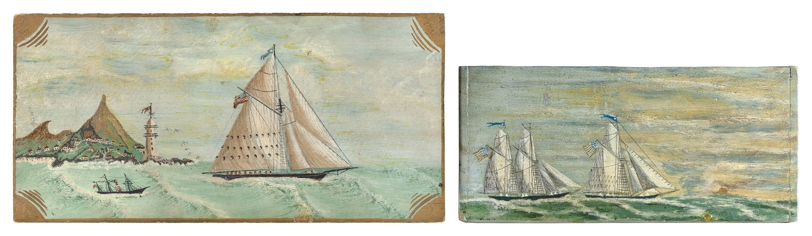 TWO MARITIME PAINTINGS 19th Century On wood panels, 7" x 15.25" and 9.5" x 19". Unframed. (1 of 2)