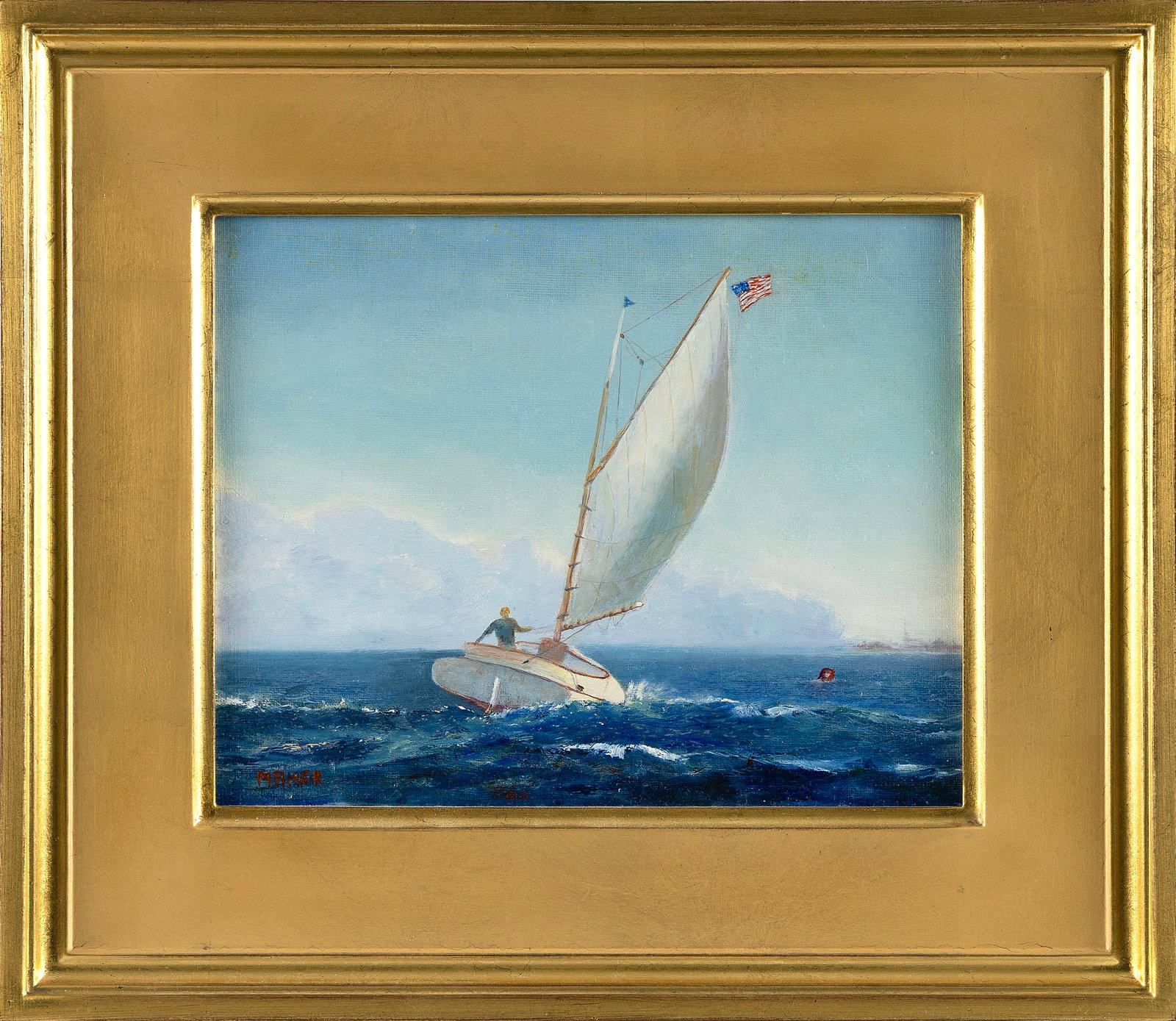JACK MAHER (Massachusetts, Contemporary), Catboat flying an American flag., Oil on board, 8" x 10". (1 of 2)