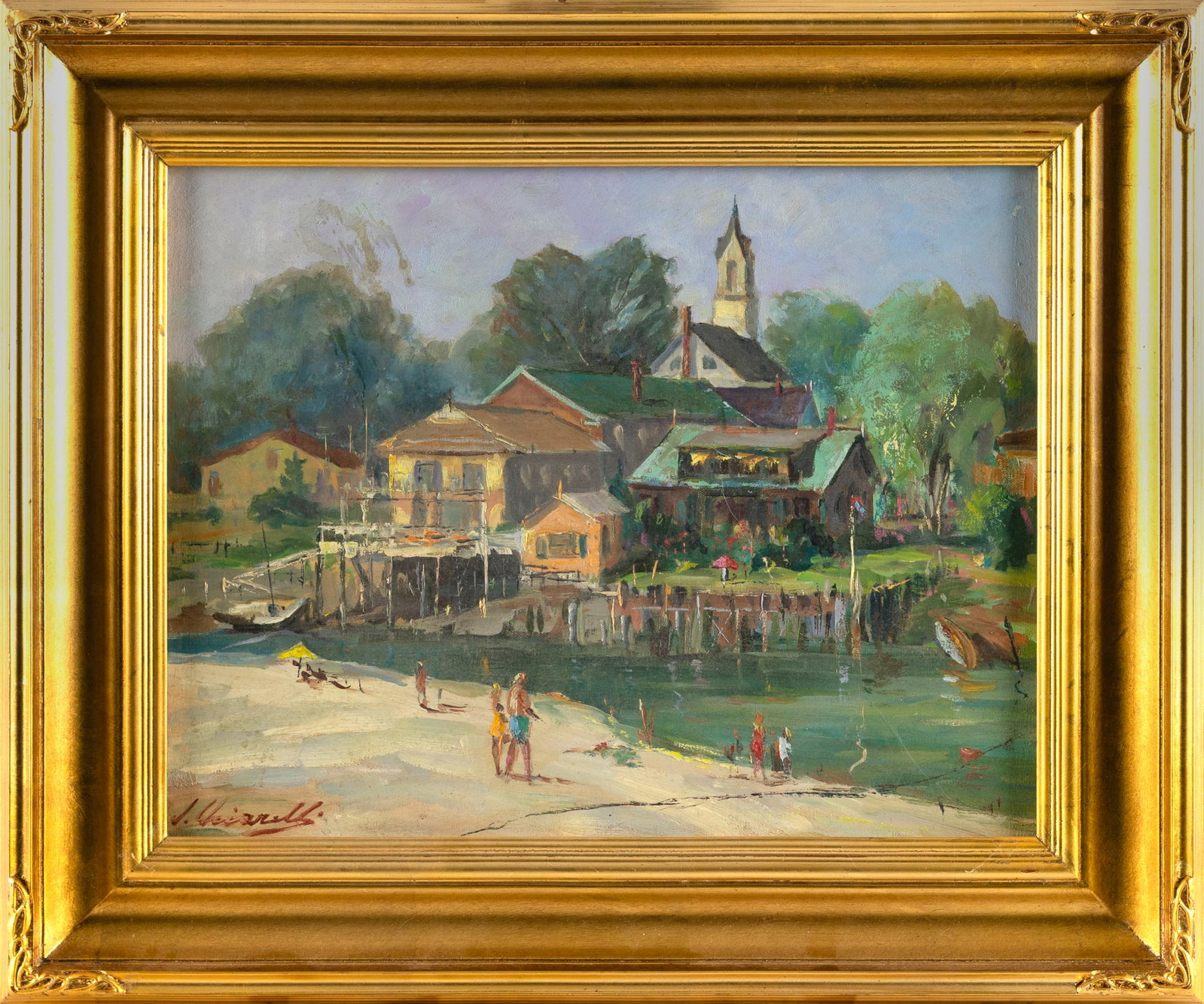 JOHN CHIARELLI (Maine, 20th Century), Harbor scene, Ogunquit, Maine., Oil on canvas, 14" x 18". (1 of 2)