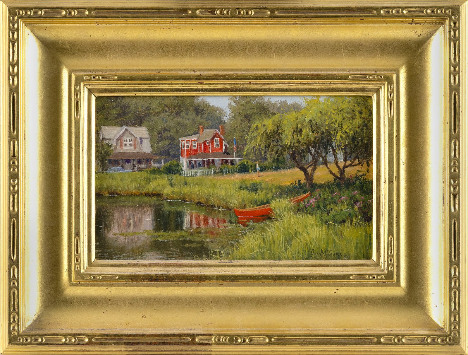 JOSEPH MCGURL (Massachusetts, 1958-), The red canoe., Oil on board, 6.5" x 10". Framed 12" x 16".: JOSEPH MCGURL Massachusetts, 1958- The red canoe. Signed lower right "J. McGurl". Signed and dated verso "Joseph McGurl 1993". Oil on board, 6.5" x 10". Framed 12" x 16".