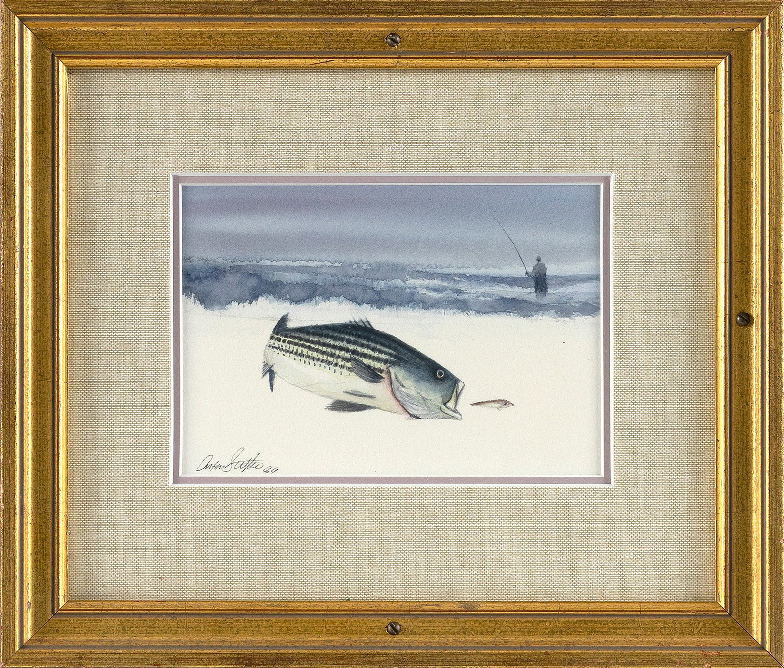 ANTON (TONY) STETZKO (Massachusetts, 1950-2015), Striped bass and fly., Watercolor on paper, 4.5" x (1 of 2)