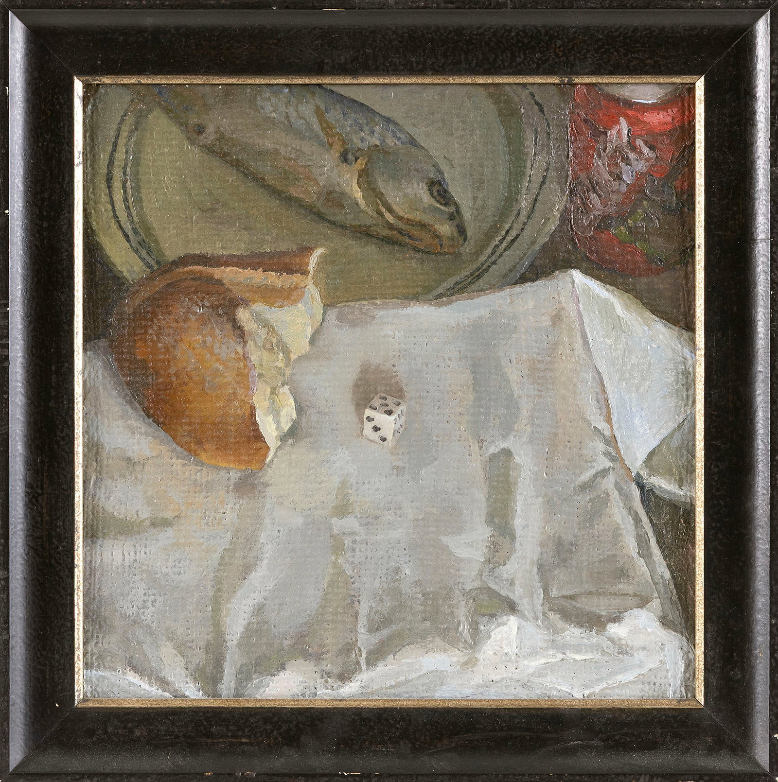 MICHAEL COSTELLO (Massachusetts, Contemporary), Still life of fish, a doughnut and a die., Oil on (1 of 2)