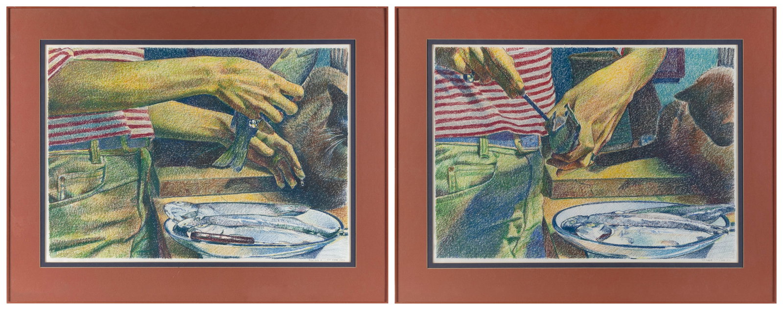BIFF ELROD (New York, 1946-), Fish Suite I and II., Oil stick on paper, 21" x 29" sight. Framed 29": BIFF ELROD New York, 1946- Fish Suite I and II. Both signed, titled and dated 1977 lower right. Oil stick on paper, 21" x 29" sight. Framed 29" x 36.5".
