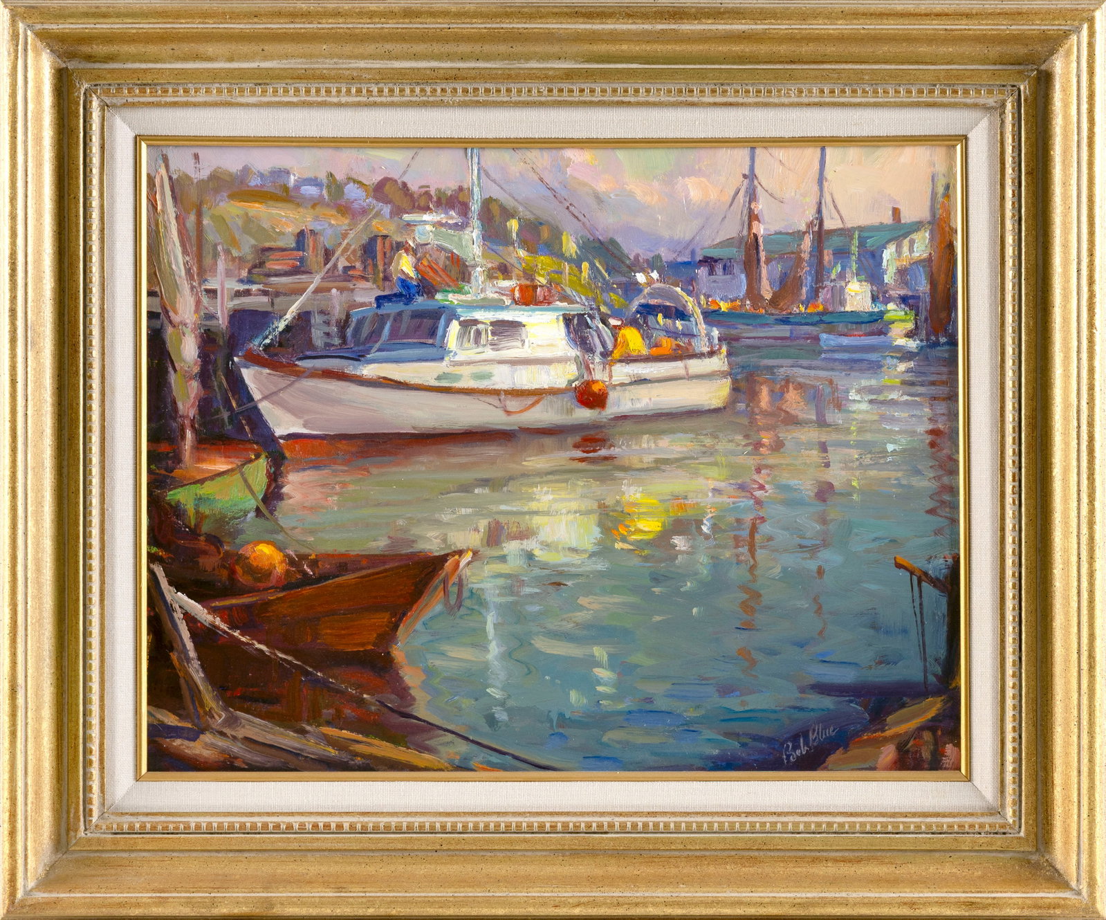 ROBERT G. "BOB" BLUE (Massachusetts, 1924-2008), "The White Lobster Boat"., Oil on canvas, 14" x: ROBERT G. "BOB" BLUE Massachusetts, 1924-2008 "The White Lobster Boat". Signed lower right "Bob Blue". Titled verso. Oil on canvas, 14" x 18". Framed 20" x 24".