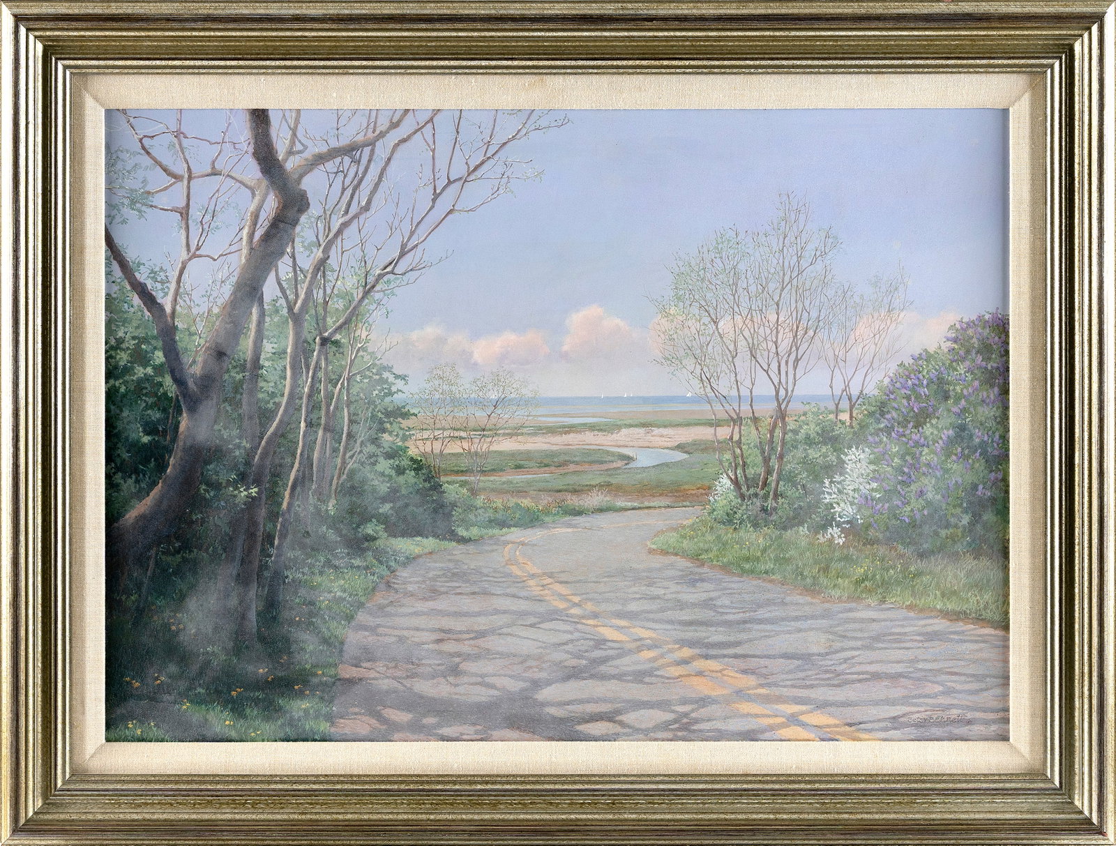 BETSY BENNETT (Massachusetts, 1928-2007), "Blue Highway to Summer"., Egg tempera, 21" x 30". Framed (1 of 2)