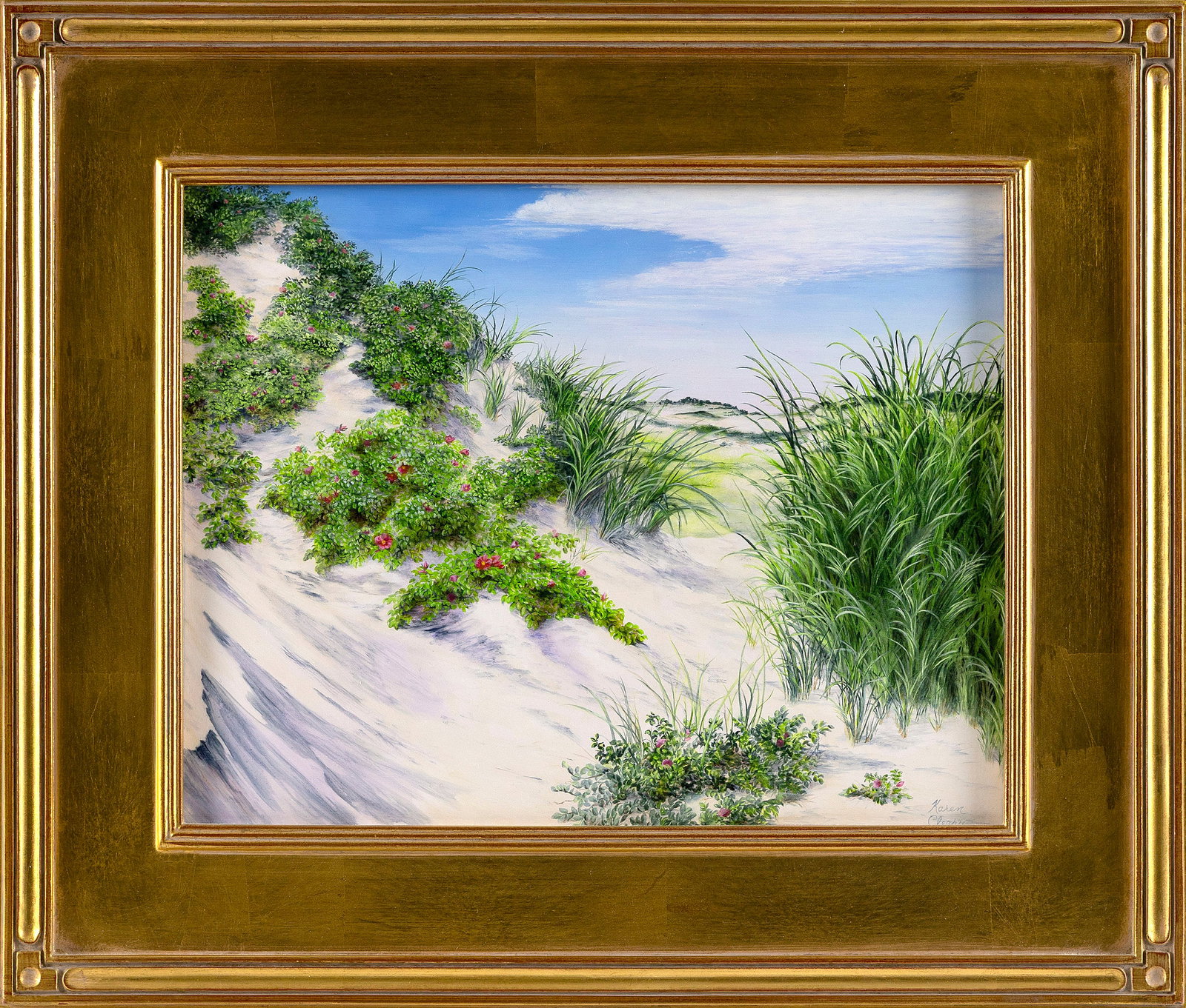 KAREN CLEARY (Massachusetts, Contemporary), Beach roses., Oil on board, 11" x 14". Framed 16.5" x (1 of 2)
