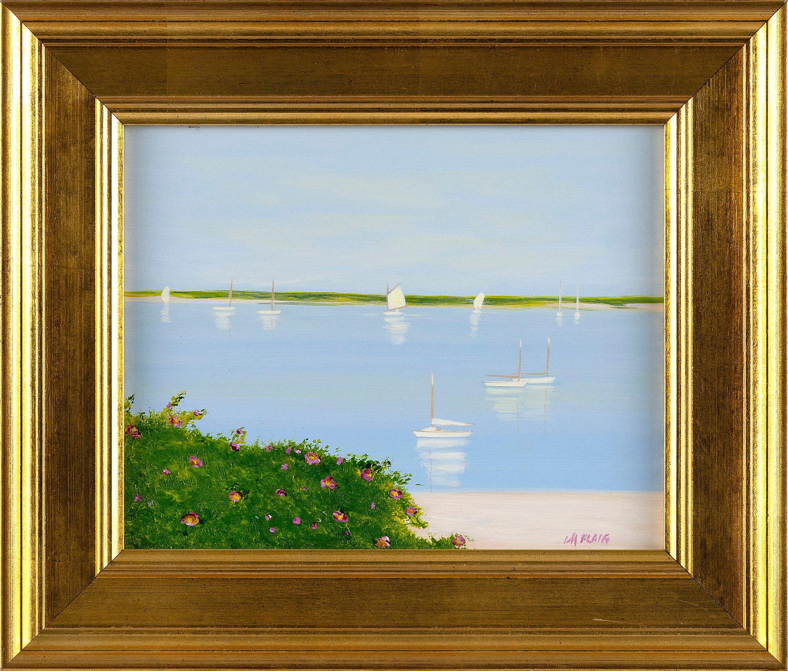 MARY FLAIG (Connecticut, Contemporary), Beach roses and sailboats., Oil on masonite, 8" x 10".: MARY FLAIG Connecticut, Contemporary Beach roses and sailboats. Signed lower right "M Flaig". Oil on masonite, 8" x 10". Framed 12" x 14".