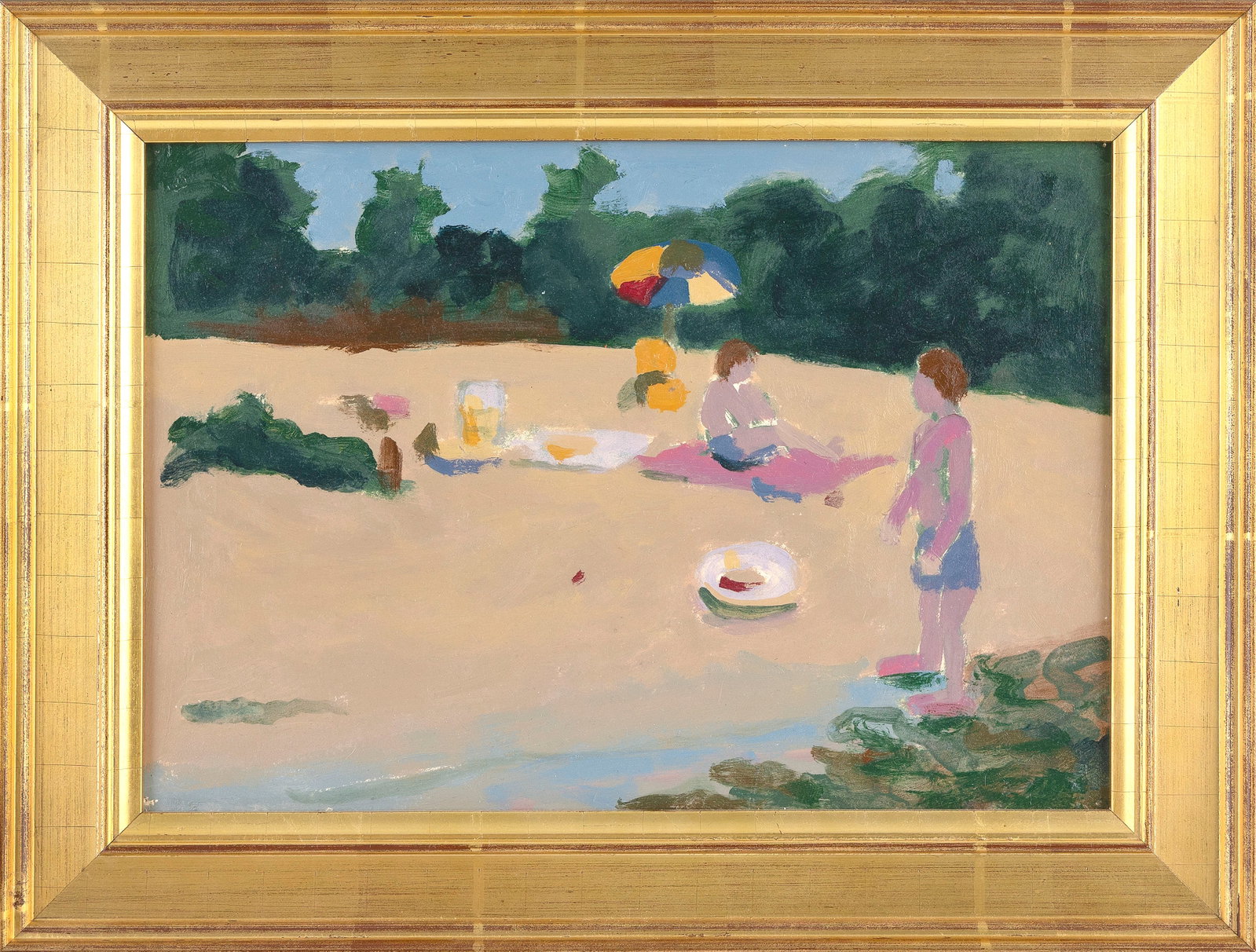 NORMAN WEST (Massachusetts, 1952-2016), Beach scene., Oil on board, 10" x 14". Framed 13.5" x 17.5". (1 of 2)