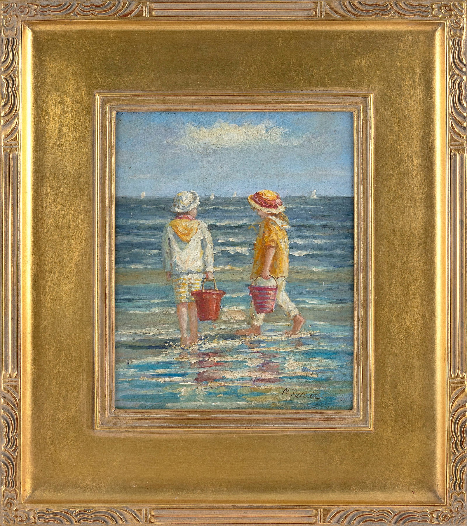 AMERICAN SCHOOL (Contemporary,), Beach scene with two children carrying pails., Oil on panel, 10" x (1 of 2)