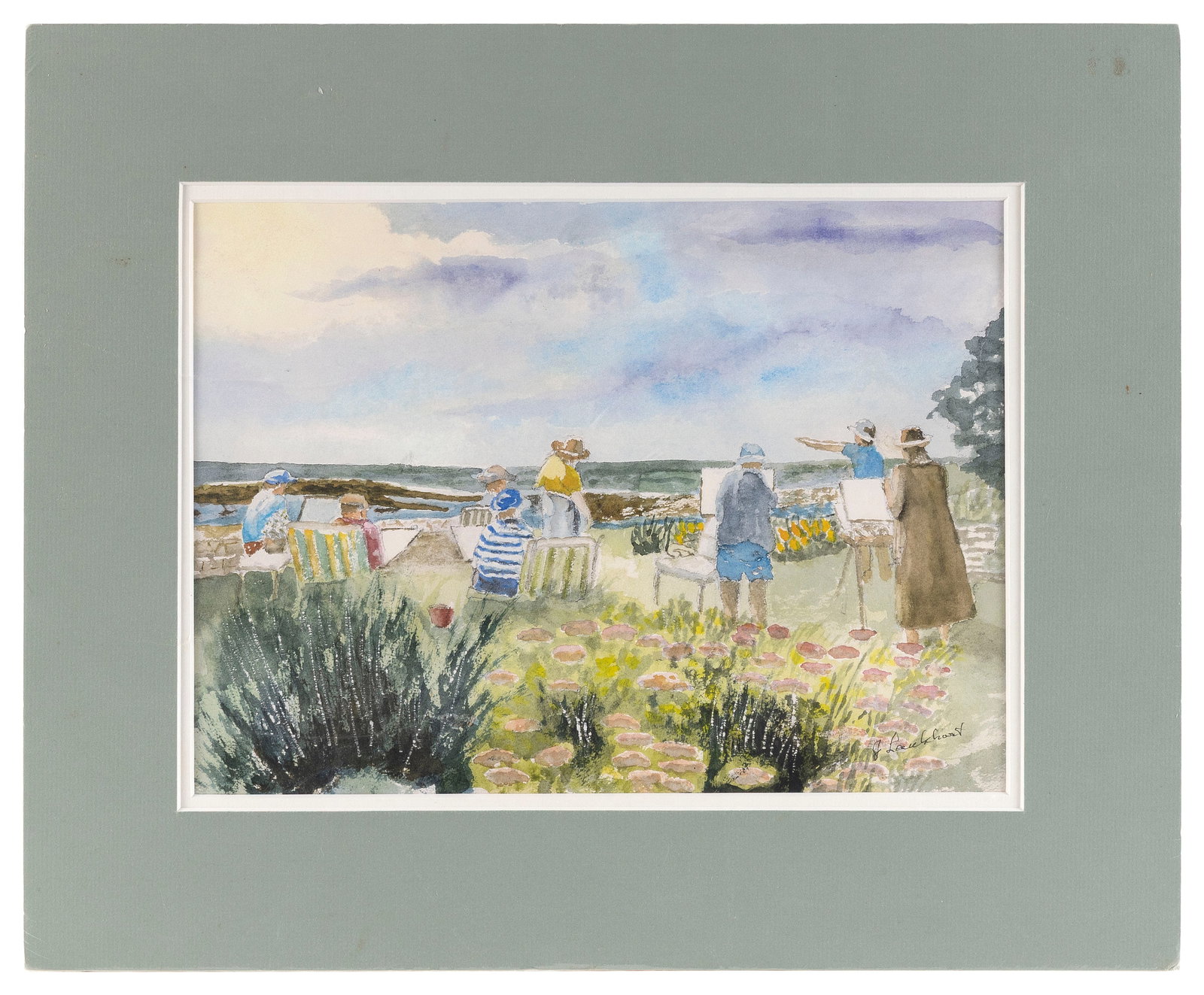 J. LOCKHART (America, Contemporary), Art class on the beach., Watercolor, 10" x 14" sight. Unframed. (1 of 2)