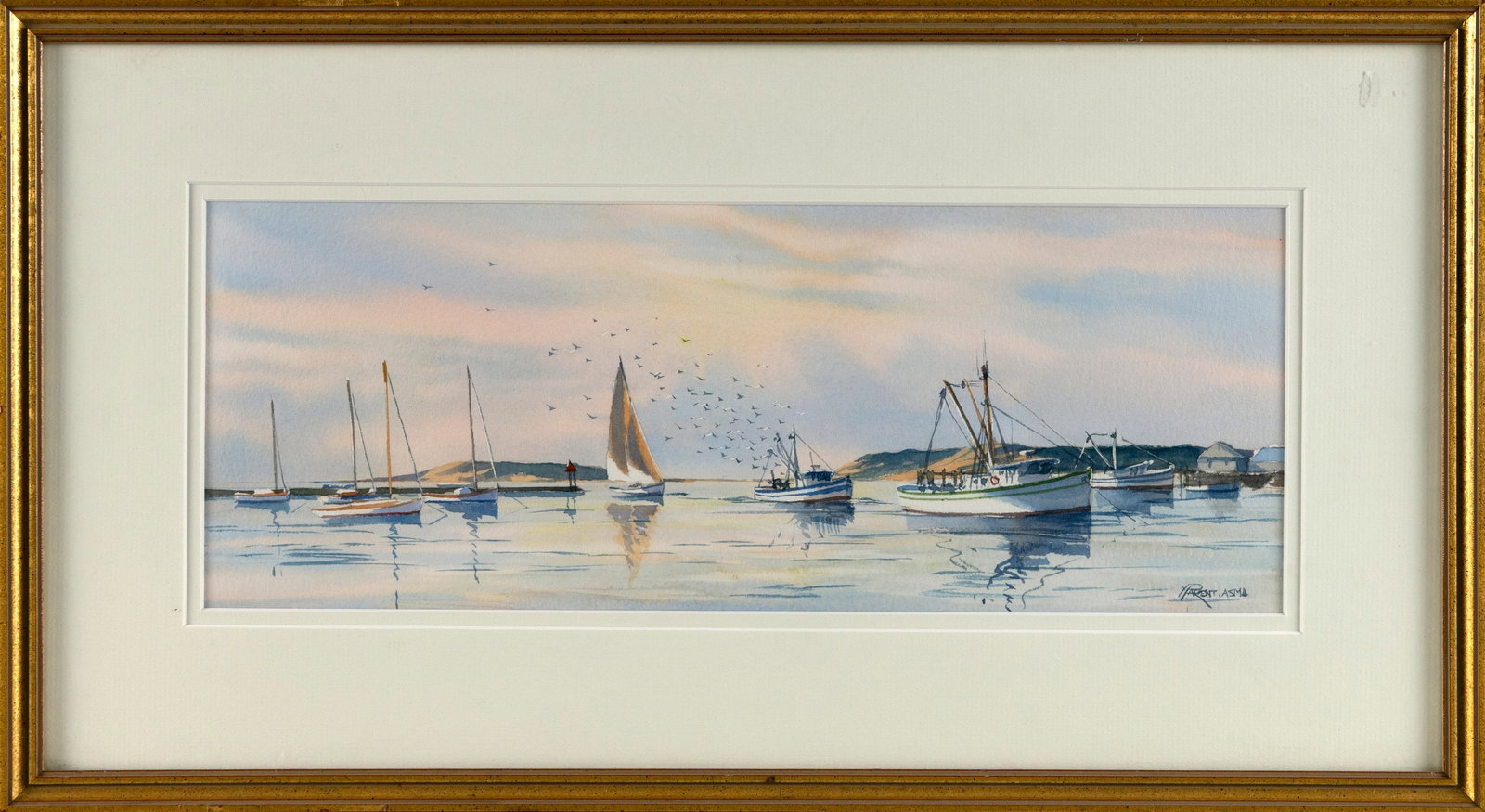 YVES PARENT (Connecticut/France, 1941-2011), "Evening in Wellfleet"., Watercolor on cream wove: YVES PARENT Connecticut/France, 1941-2011 "Evening in Wellfleet". Signed lower right "Y Parent, ASMA". Watercolor on cream wove paper, 6" x 16" sight. Framed 12" x 22".