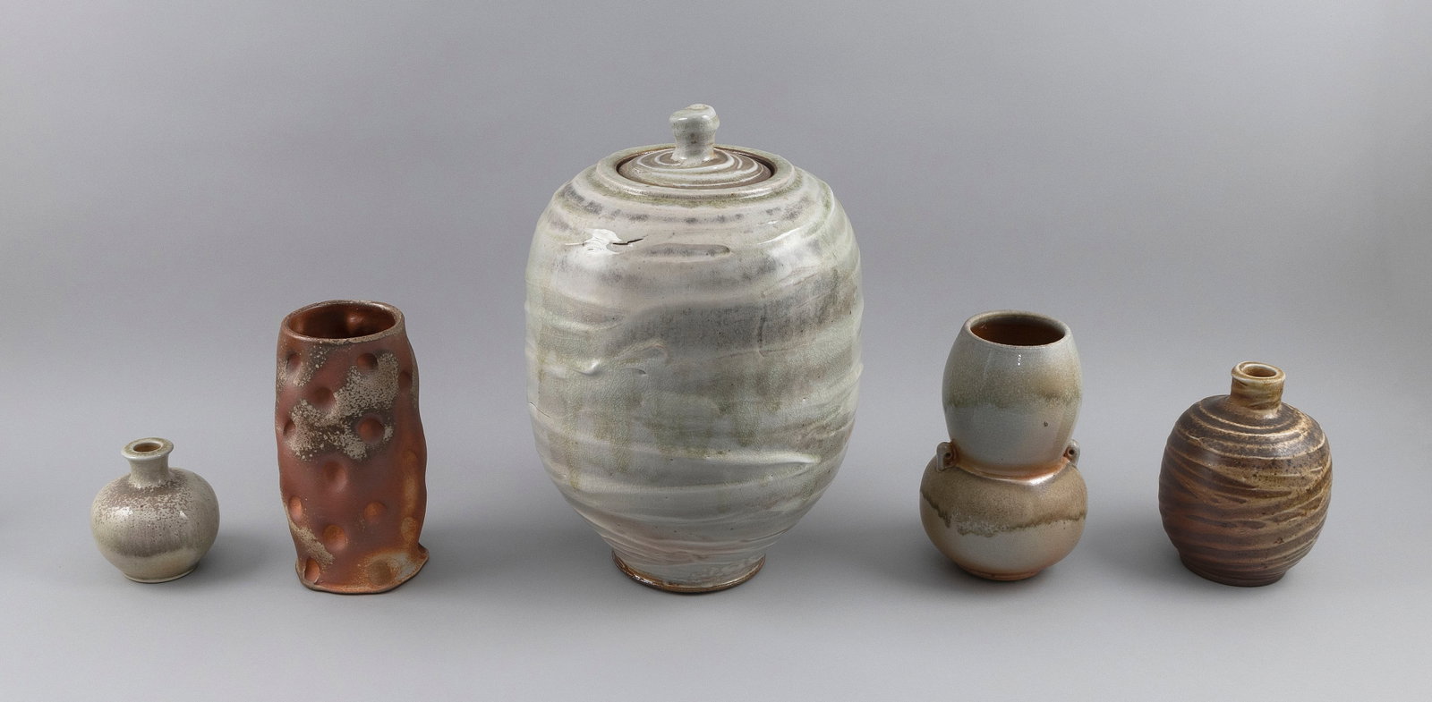 FIVE NARROW LAND POTTERY VESSELS Wellfleet, Massachusetts, Contemporary Heights from 4.5" to 16". (1 of 9)