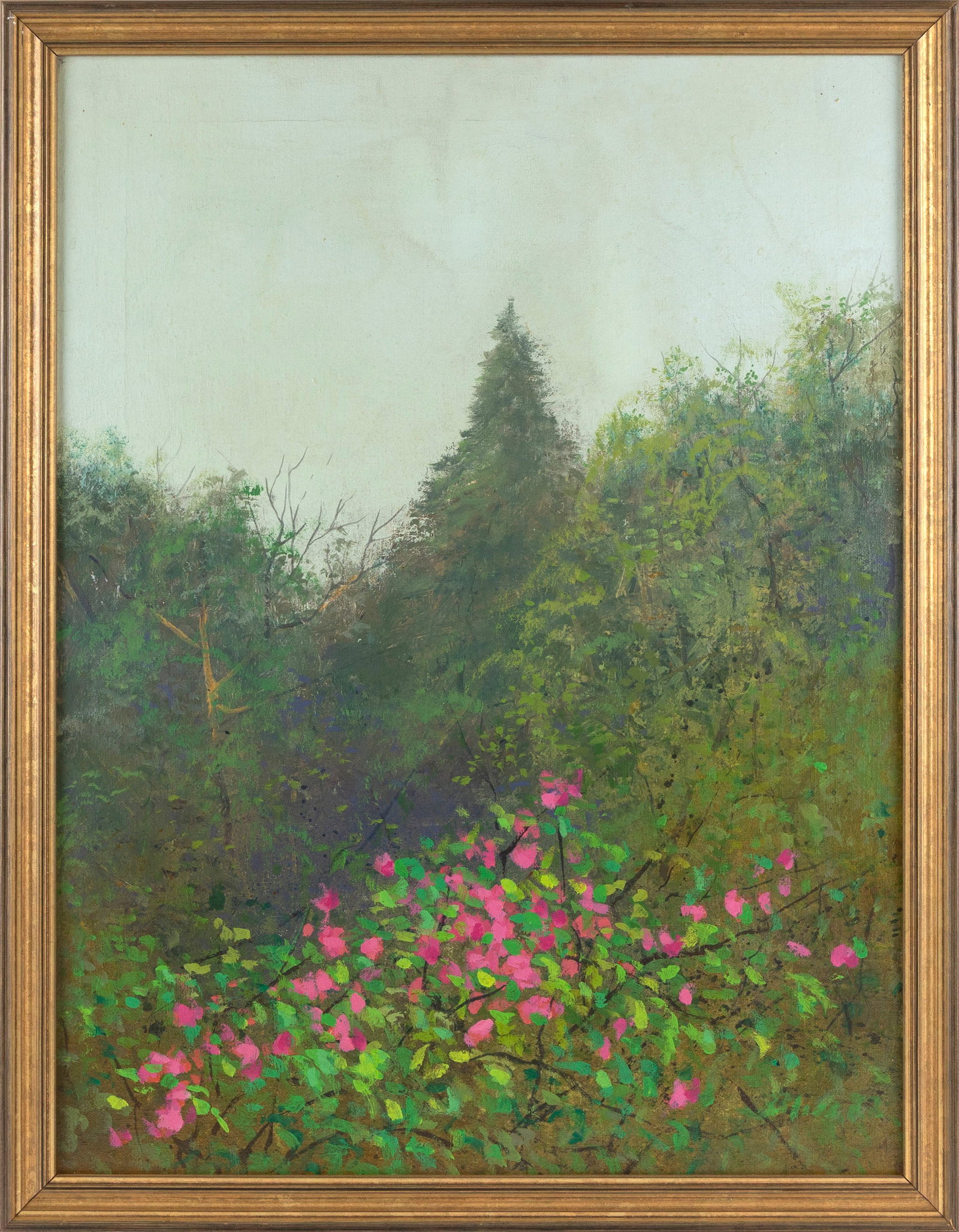 ROBERT R. BLISS (Massachusetts, 1925-1981), Landscape with pine trees and pink flowers., Oil on: ROBERT R. BLISS Massachusetts, 1925-1981 Landscape with pine trees and pink flowers. Signed lower right "R. Bliss". Oil on canvas, 18" x 24". Framed 26" x 20".