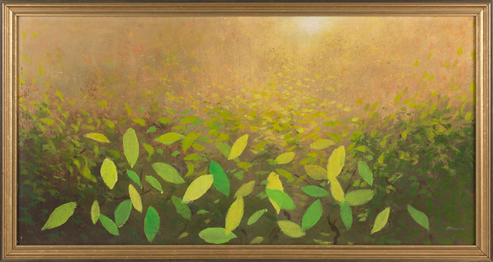 ROBERT R. BLISS (Massachusetts, 1925-1981), Leaves., Oil on masonite, 16" x 32". Framed 18" x 34". (1 of 2)