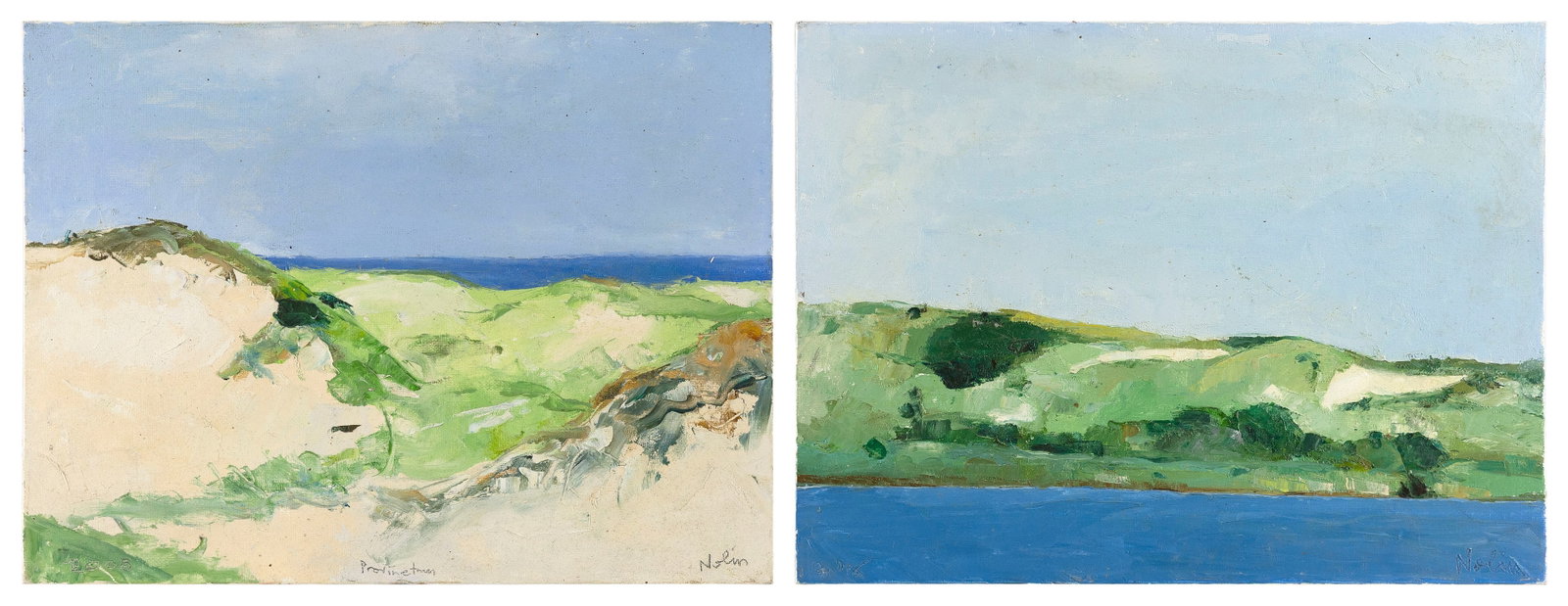 RAY NOLIN (Massachusetts/Connecticut, 1954/59-2015), Two shore scenes:, Oils on canvas board, 12" x: RAY NOLIN Massachusetts/Connecticut, 1954/59-2015 Two shore scenes: 1) Pilgrim Lake. Signed lower right. Dated 2006 lower left. 2) "Provincetown". Signed lower right. Titled lower center. Dated 2005 l