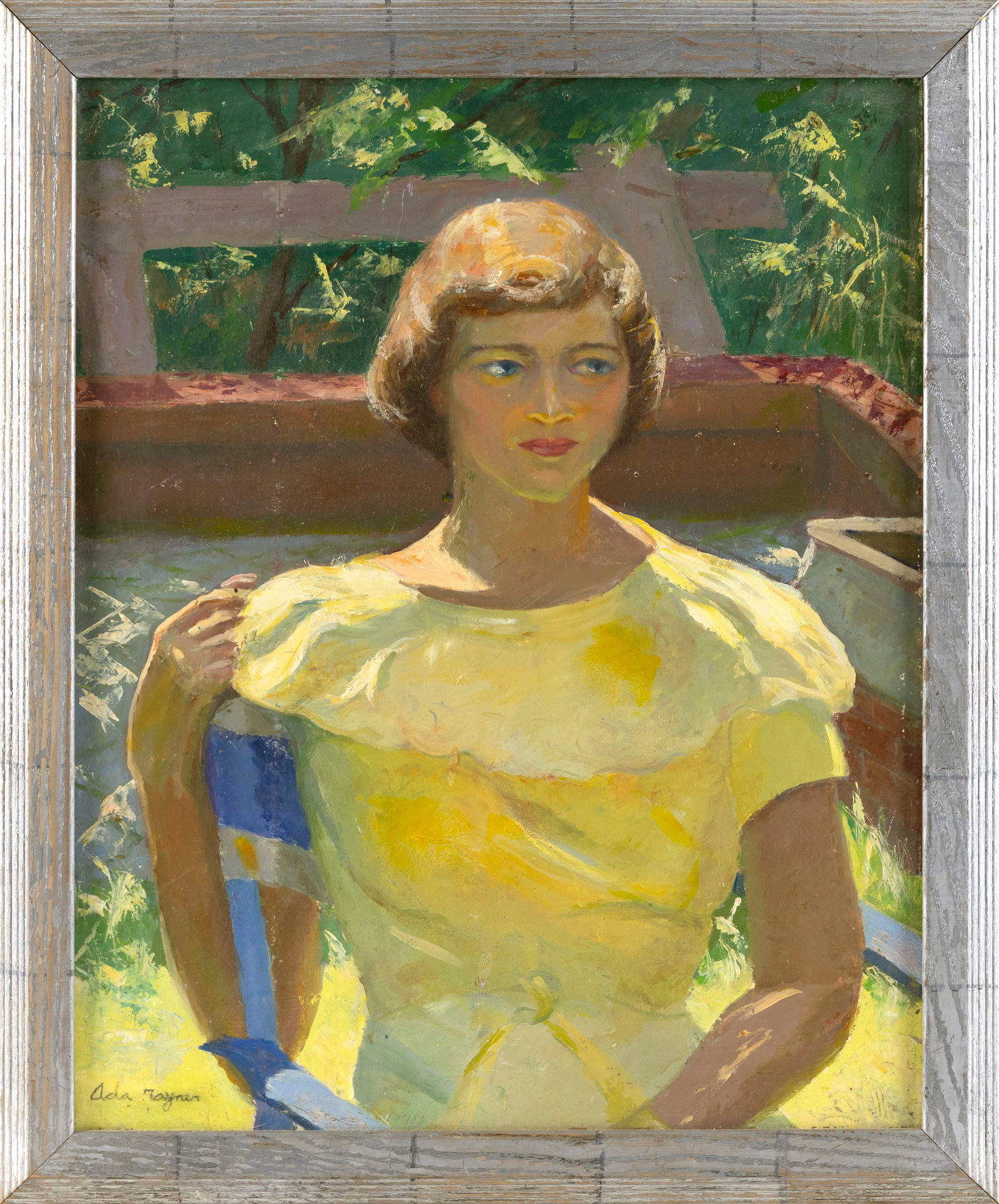 ADA RAYNER HENSCHE (Massachusetts, 1901-1985), Portrait of a young woman in a yellow dress., Oil on (1 of 2)