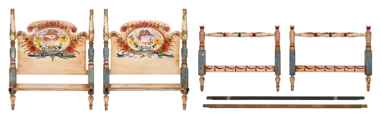 PETER HUNT (Massachusetts, 1896-1967), Pair of twin beds with painted decoration of "Dormez Bien", (1 of 4)