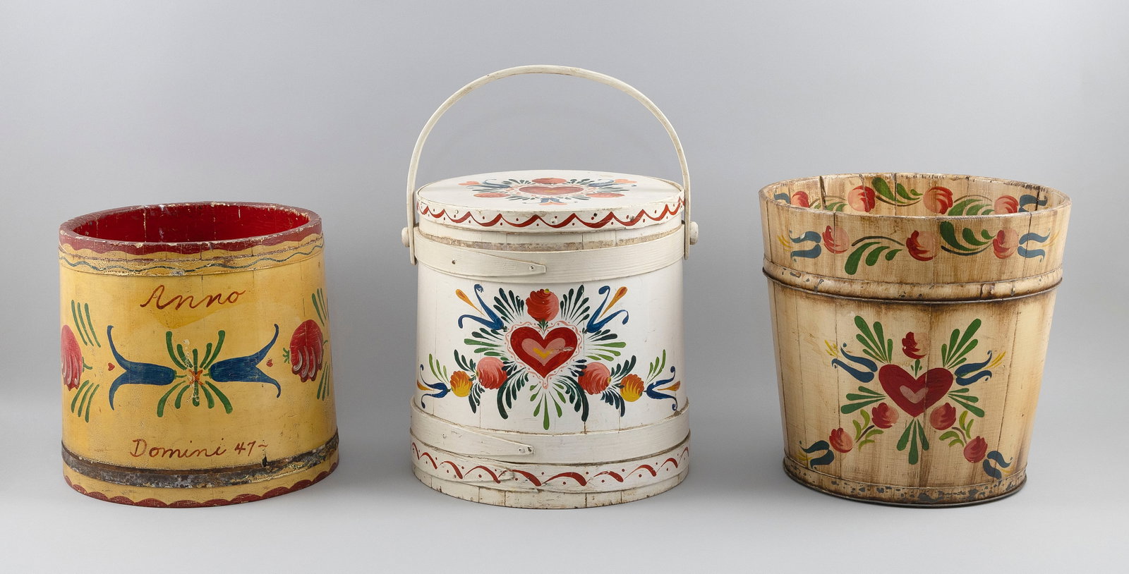 PETER HUNT (Massachusetts, 1896-1967), Two painted wooden buckets and a firkin, Heights 11", 12" and (1 of 6)