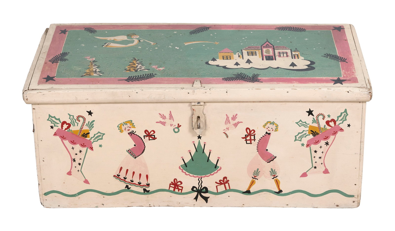 PETER HUNT (Massachusetts, 1896-1967), Wooden lift-top trunk, Height 13.5". Width 32". Depth 16.25". (1 of 1)