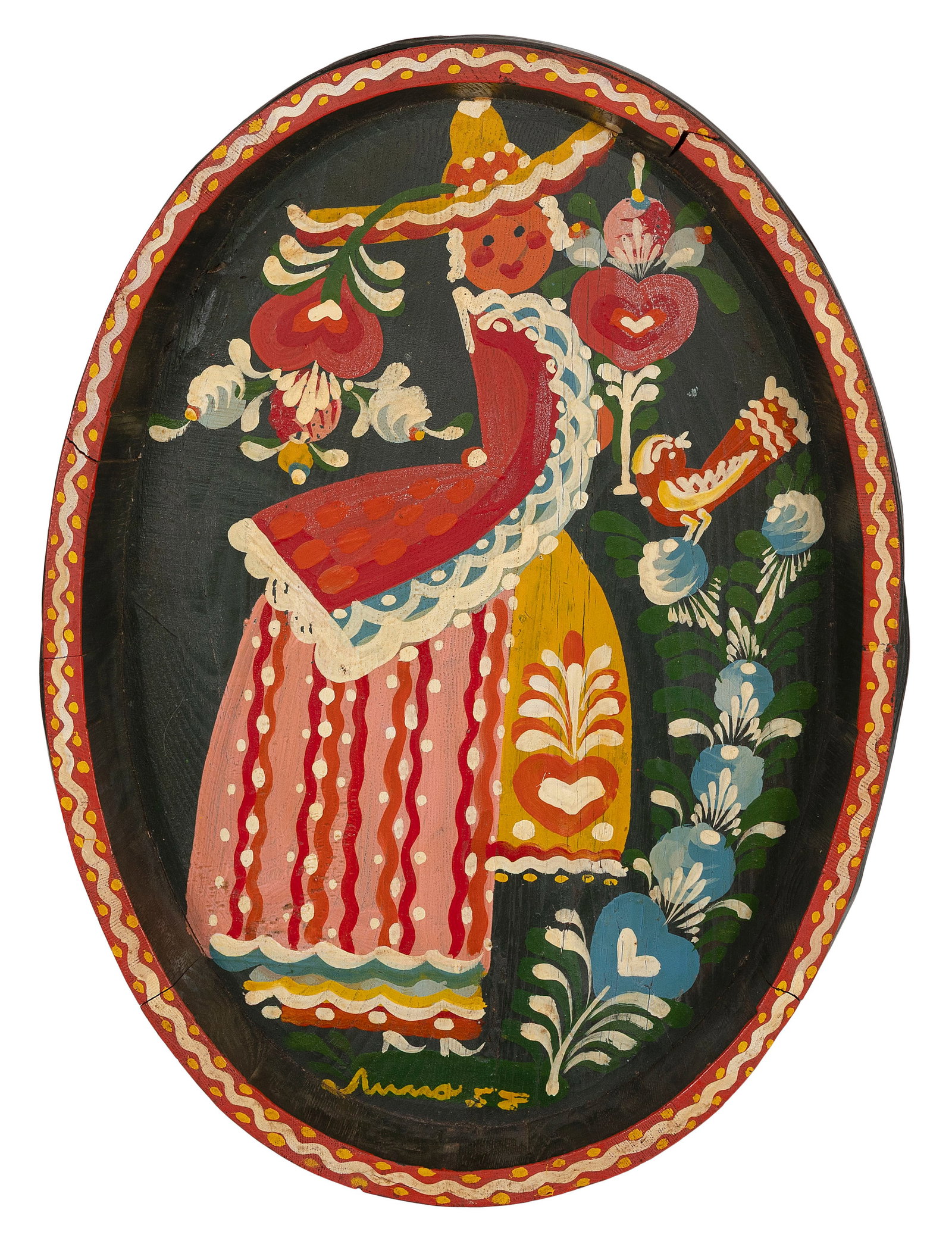 PETER HUNT (Massachusetts, 1896-1967), Shallow wooden tray, Length 23.5".: PETER HUNT Massachusetts, 1896-1967 Shallow wooden tray with figural, rose and floral decoration. Signed on back. Length 23.5".
