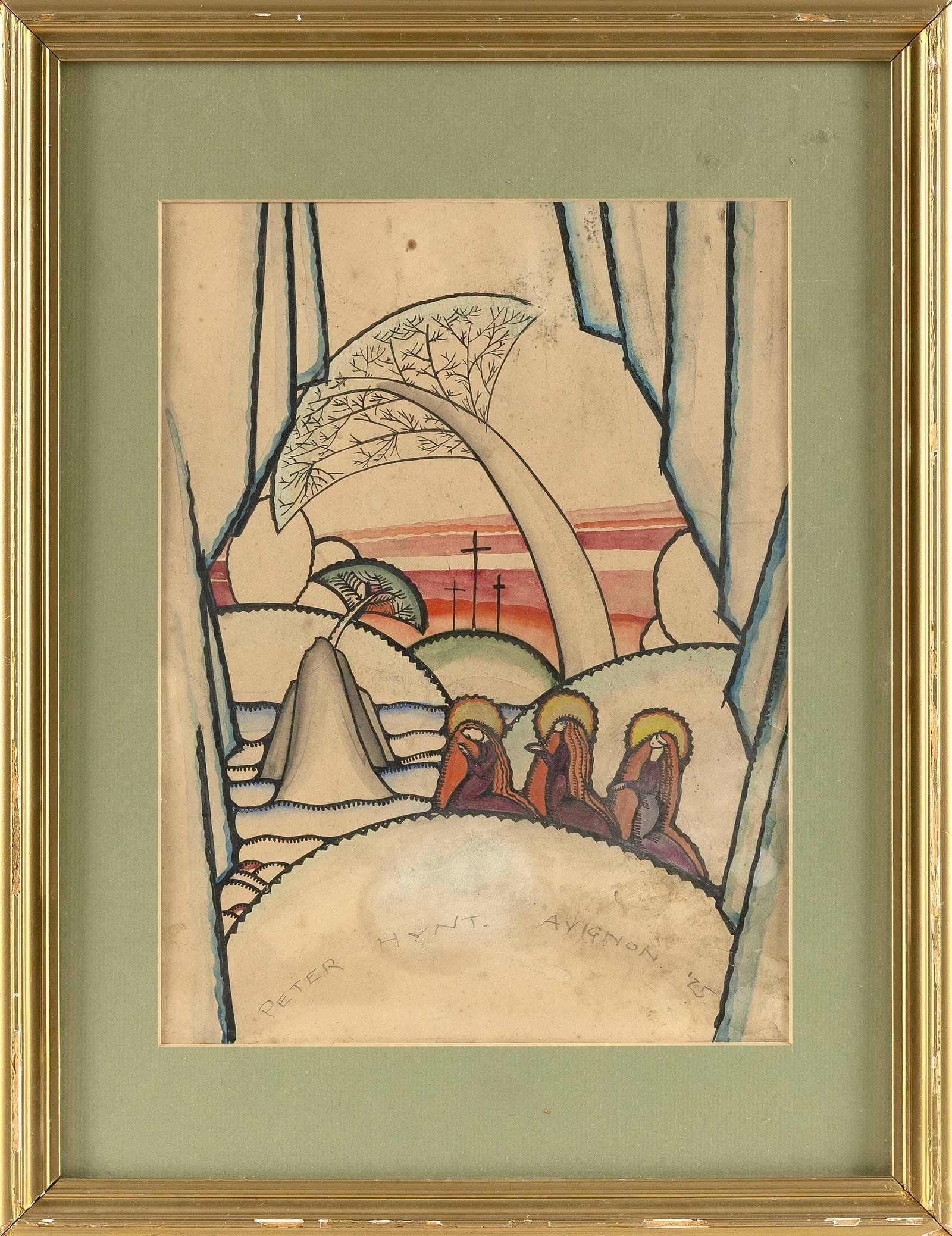 PETER HUNT (Massachusetts, 1896-1967), Figures praying., Watercolor on paper, 12" x 9". Framed. (1 of 2)