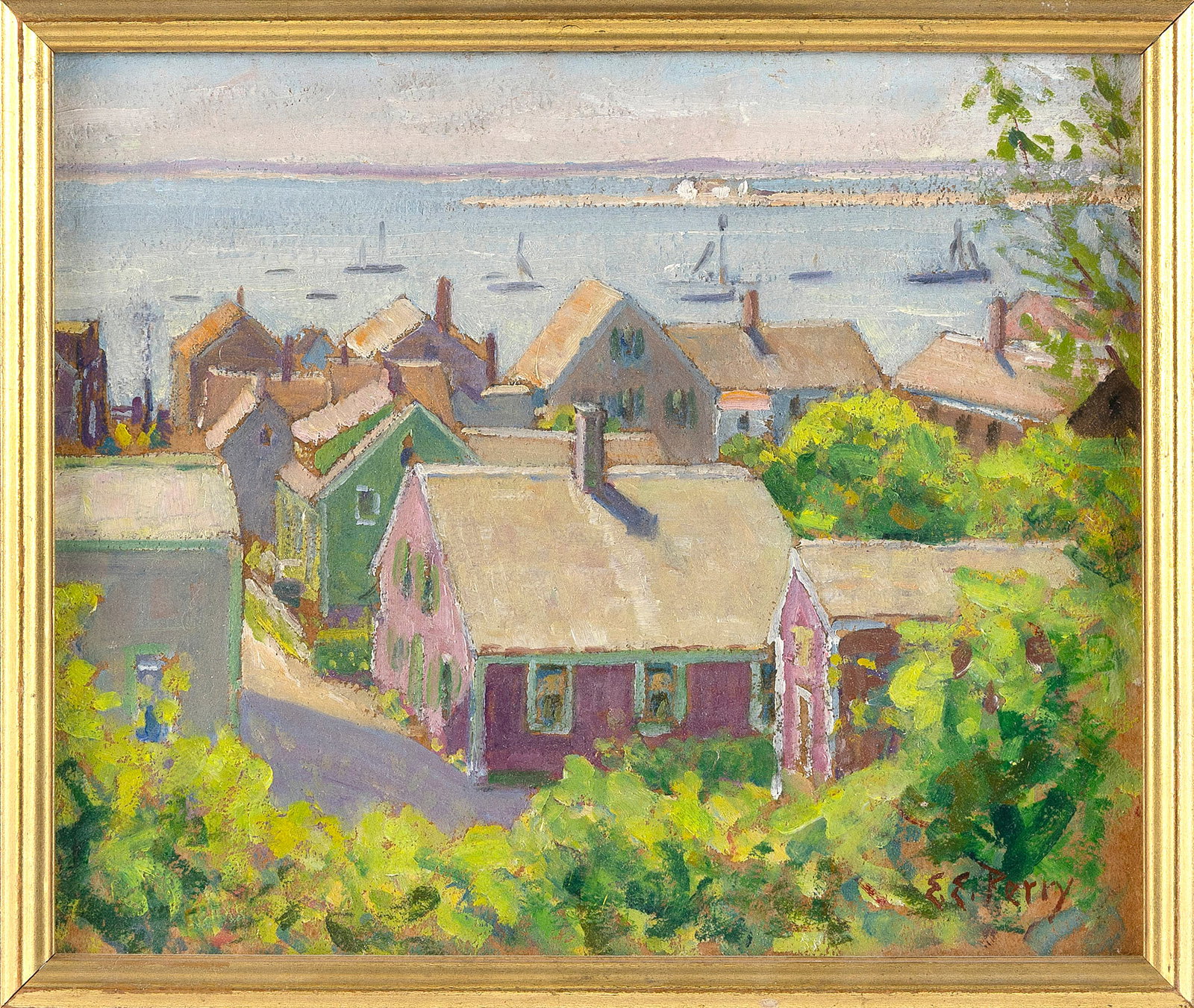 ERNEST ELWOOD PERRY (Massachusetts, 1875-1959), Provincetown rooftops., Oil on board, 9.5" x 11.5". (1 of 2)