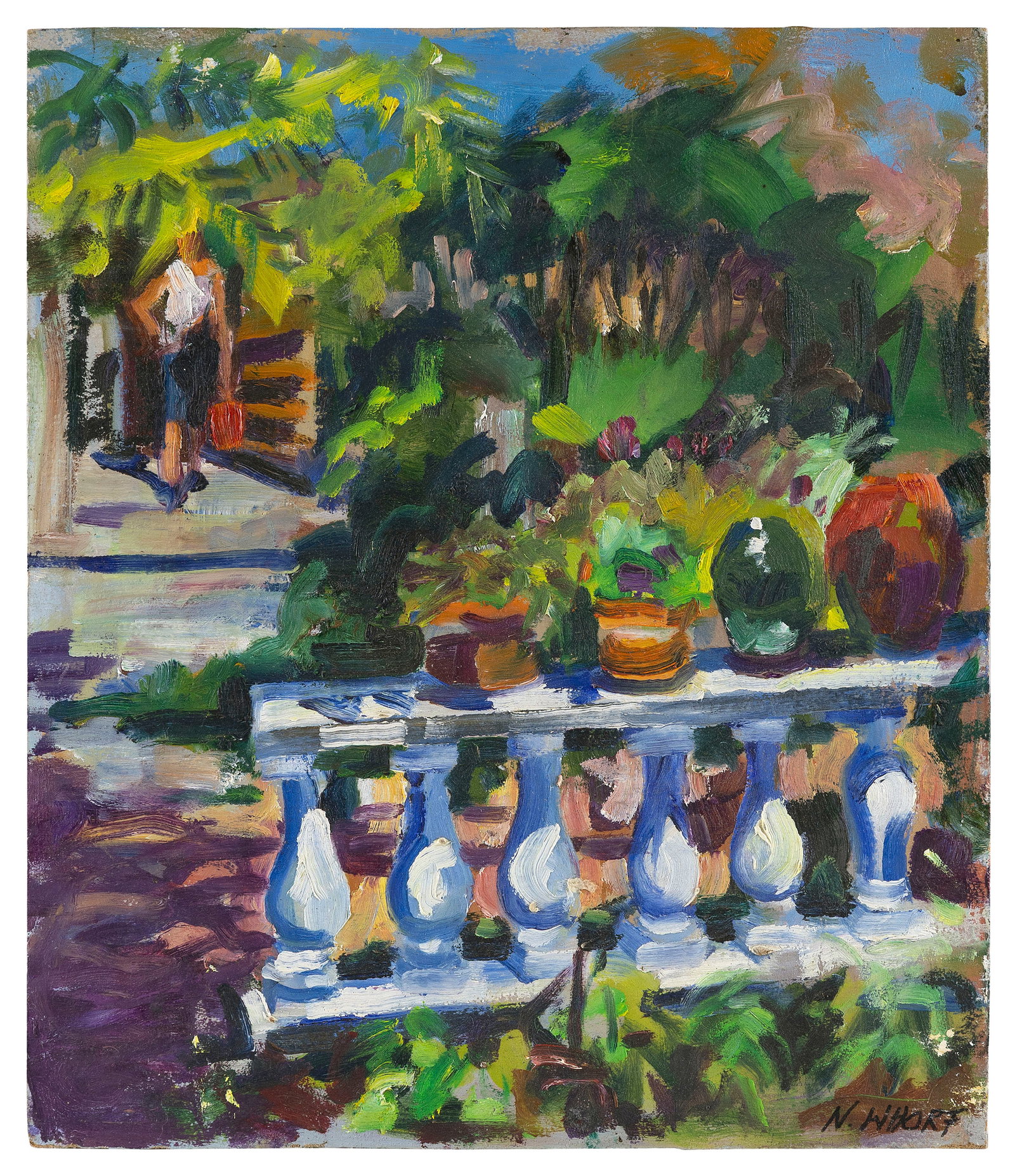 NANCY WHORF (Massachusetts/Florida, 1930-2009), Garden terrace with figure., Oil on masonite, 16" x (1 of 2)