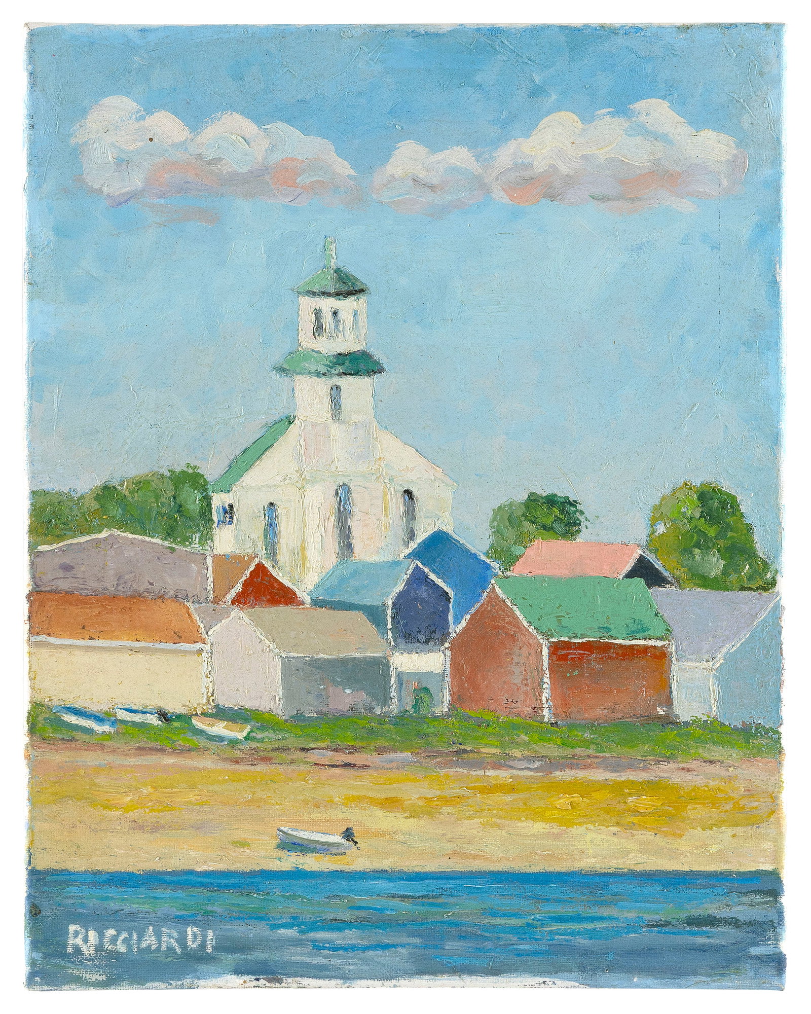 JOHN A. RICCIARDI (Massachusetts, 1943-), "Books and Beach"., Oil on canvas, 20" x 16". Unframed. (1 of 2)