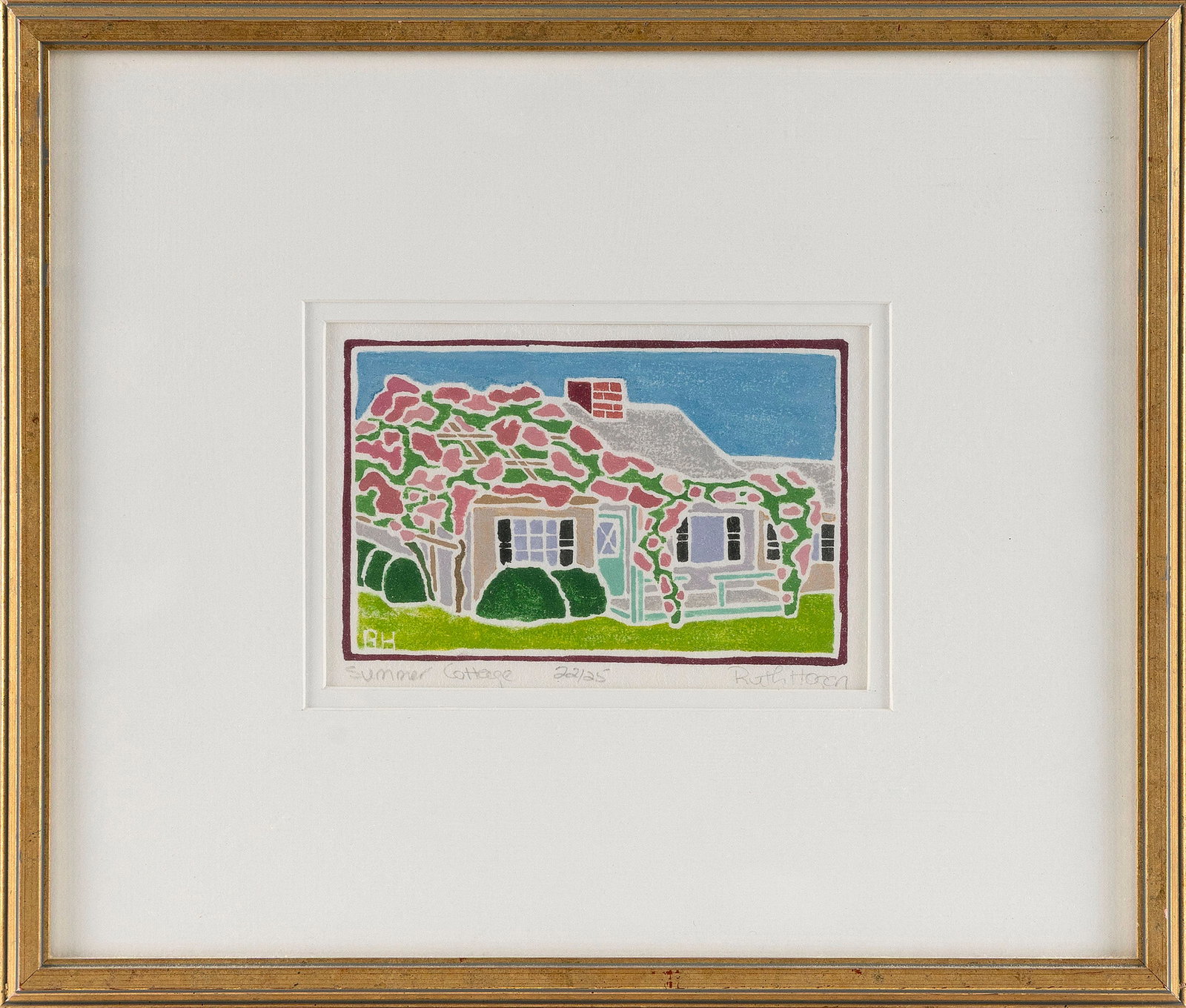 RUTH D. HOGAN (Massachusetts/New Mexico, 1943-), "Summer Cottage"., White-line color woodcut, 4.25" (1 of 2)